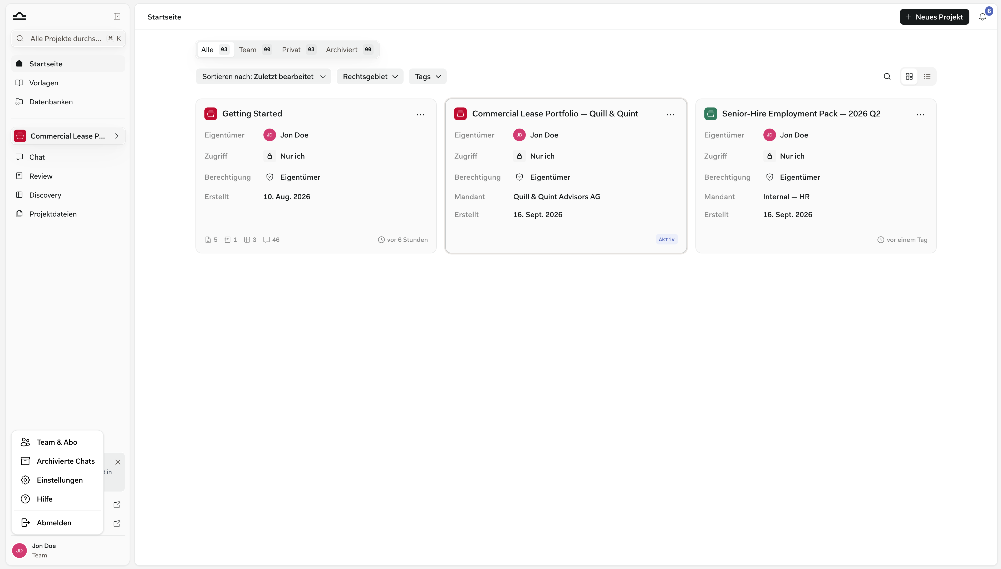 Das Profilmenü am unteren Rand der Seitenleiste mit Team & Abonnement, Archivierte Chats, Einstellungen, Hilfe und Abmelden