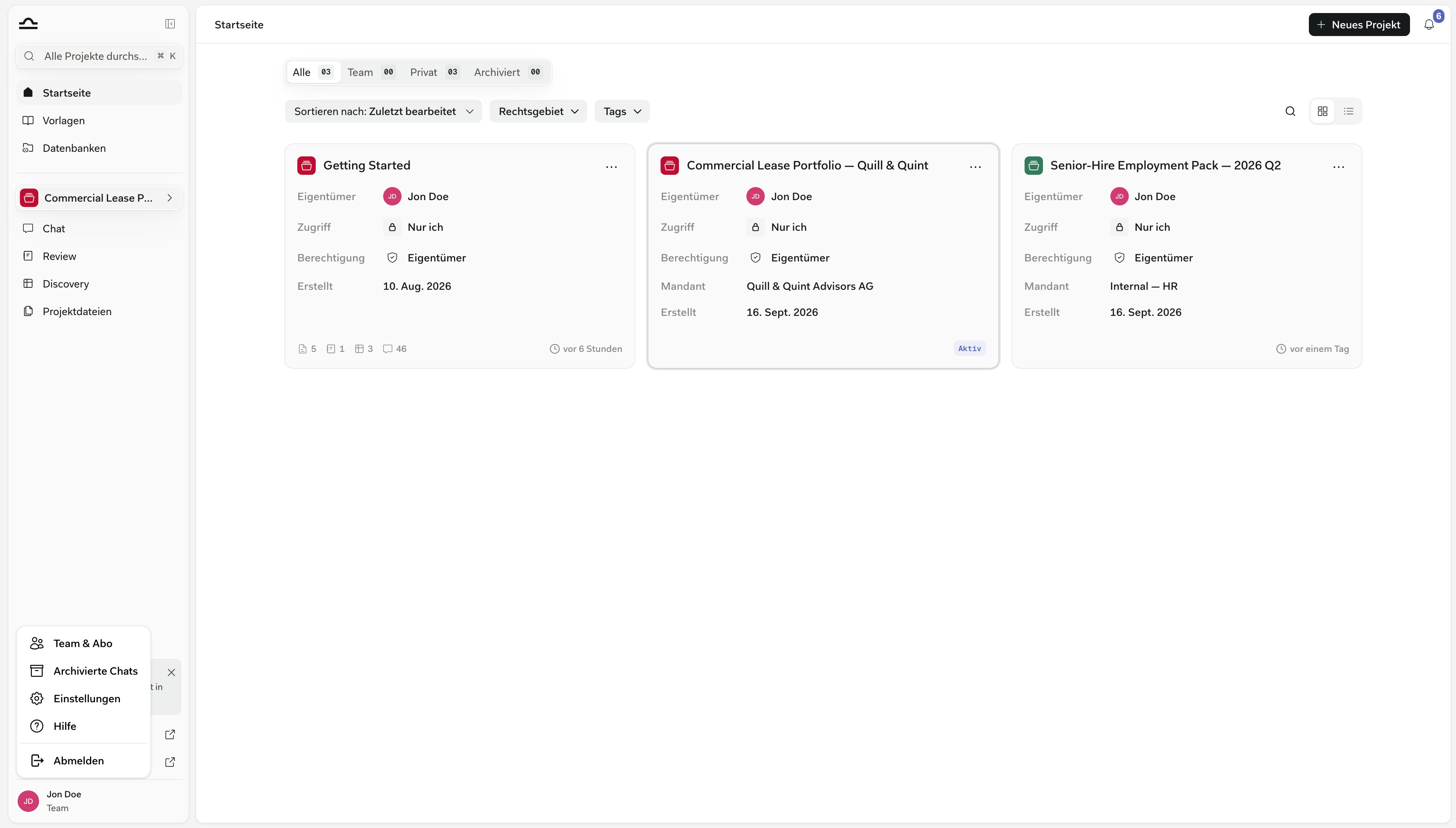 Das Profilmenü am unteren Rand der Seitenleiste mit Team & Abonnement, Archivierte Chats, Einstellungen, Hilfe und Abmelden