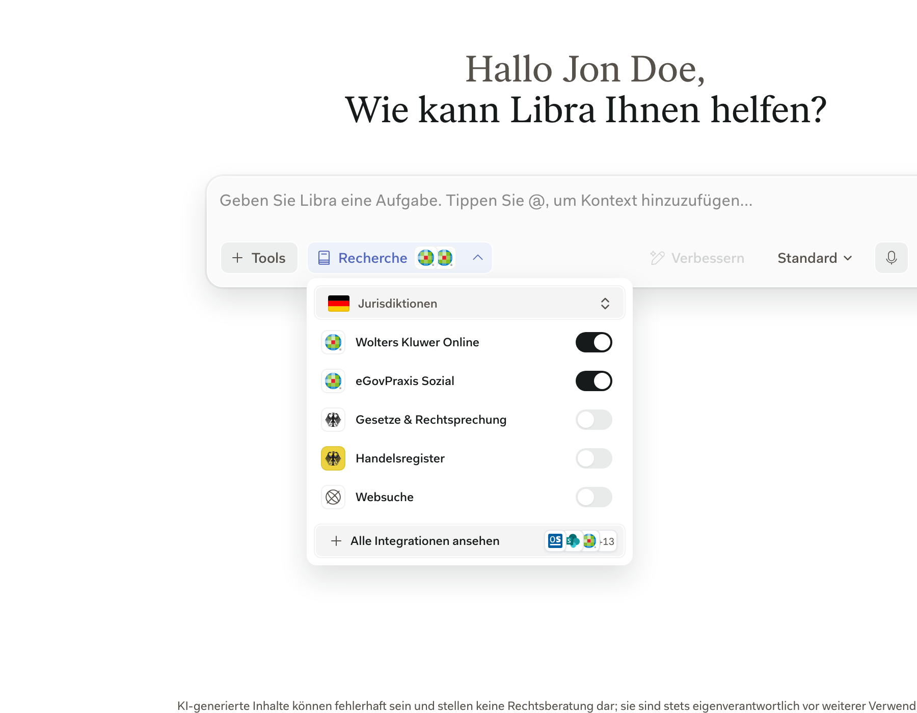 Das geöffnete Panel „Recherche” im Eingabefeld mit der Zeile Wolters Kluwer Online und ihrem Schalter oberhalb der übrigen deutschen und Schweizer Quellen