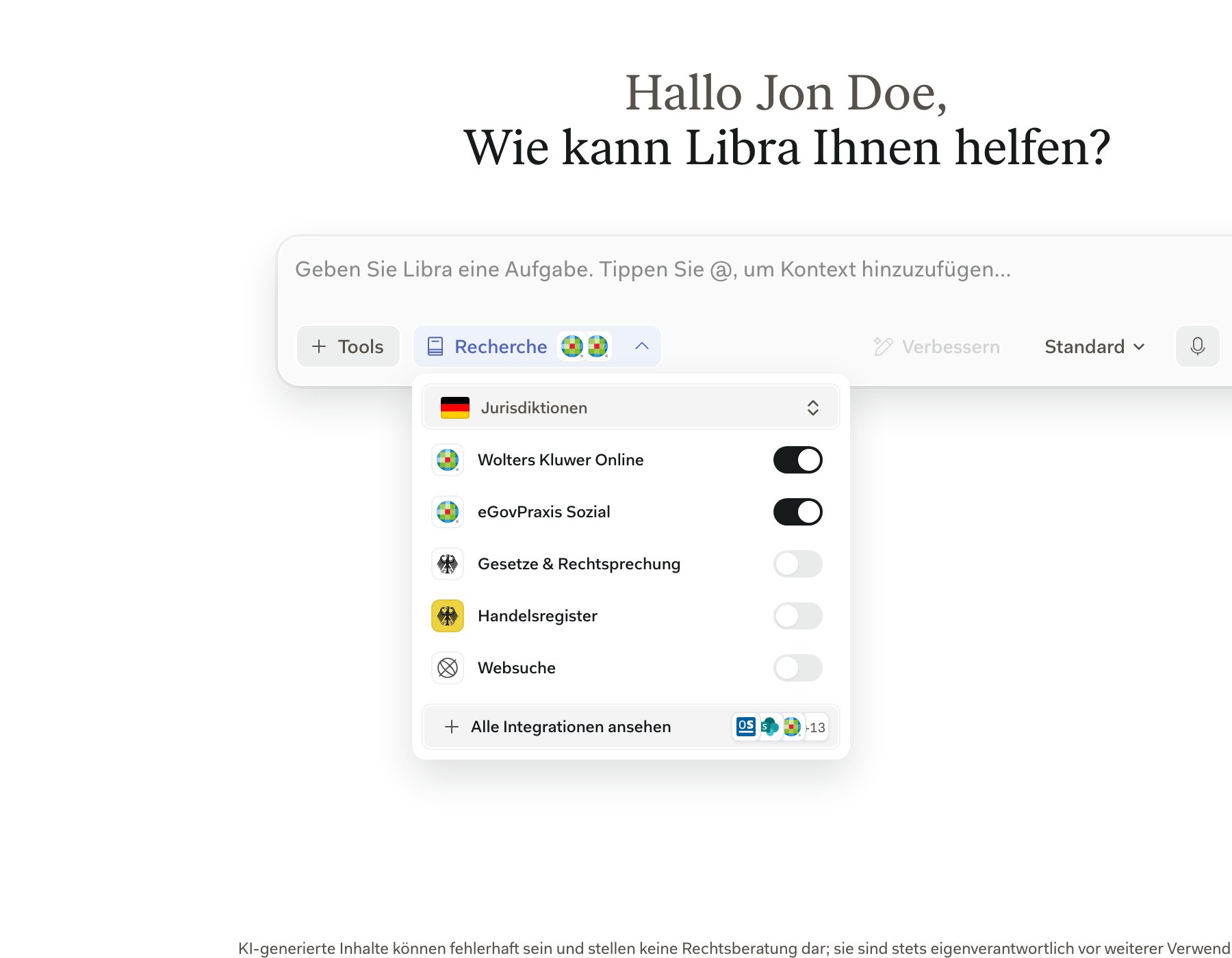 Das geöffnete Panel „Recherche” im Eingabefeld mit der Zeile Wolters Kluwer Online und ihrem Schalter oberhalb der übrigen deutschen und Schweizer Quellen