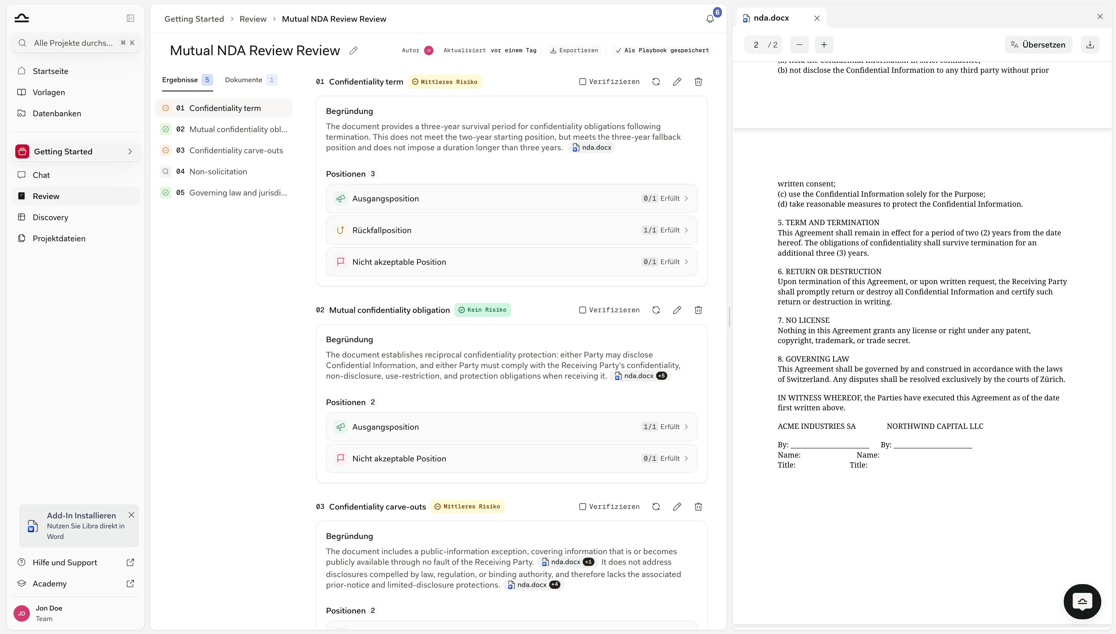 Der Review-Ergebnisbildschirm: linke Seitenleiste auf dem Tab „Ergebnisse” mit fünf nummerierten Themen und Risiko-Symbolen, Thema 01 „Confidentiality term” in der Mitte mit seinem Badge Mittleres Risiko, Begründungsabsatz, drei Positionszeilen mit Erfüllt-Zählern und den Bedienelementen Verifizieren, erneut ausführen, bearbeiten und löschen sowie die zitierte nda.docx geöffnet im Dokumentenbetrachter rechts