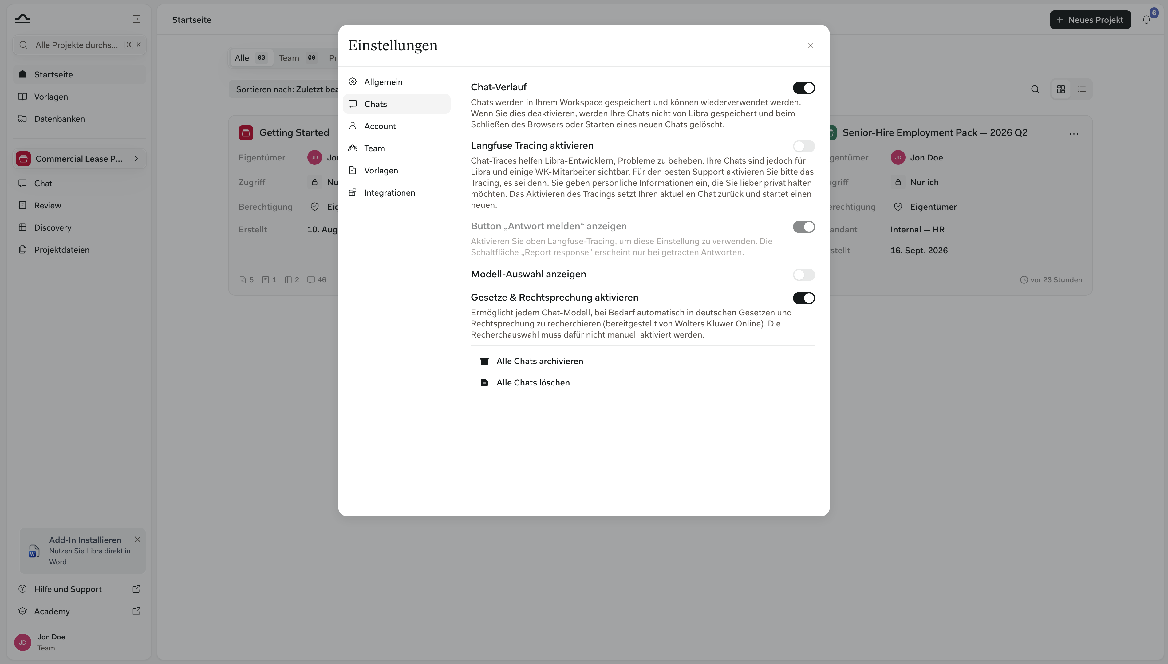 Der Tab Chats in den Einstellungen mit aktiviertem Chat History und den Aktionen Alle Chats archivieren und Alle Chats löschen darunter