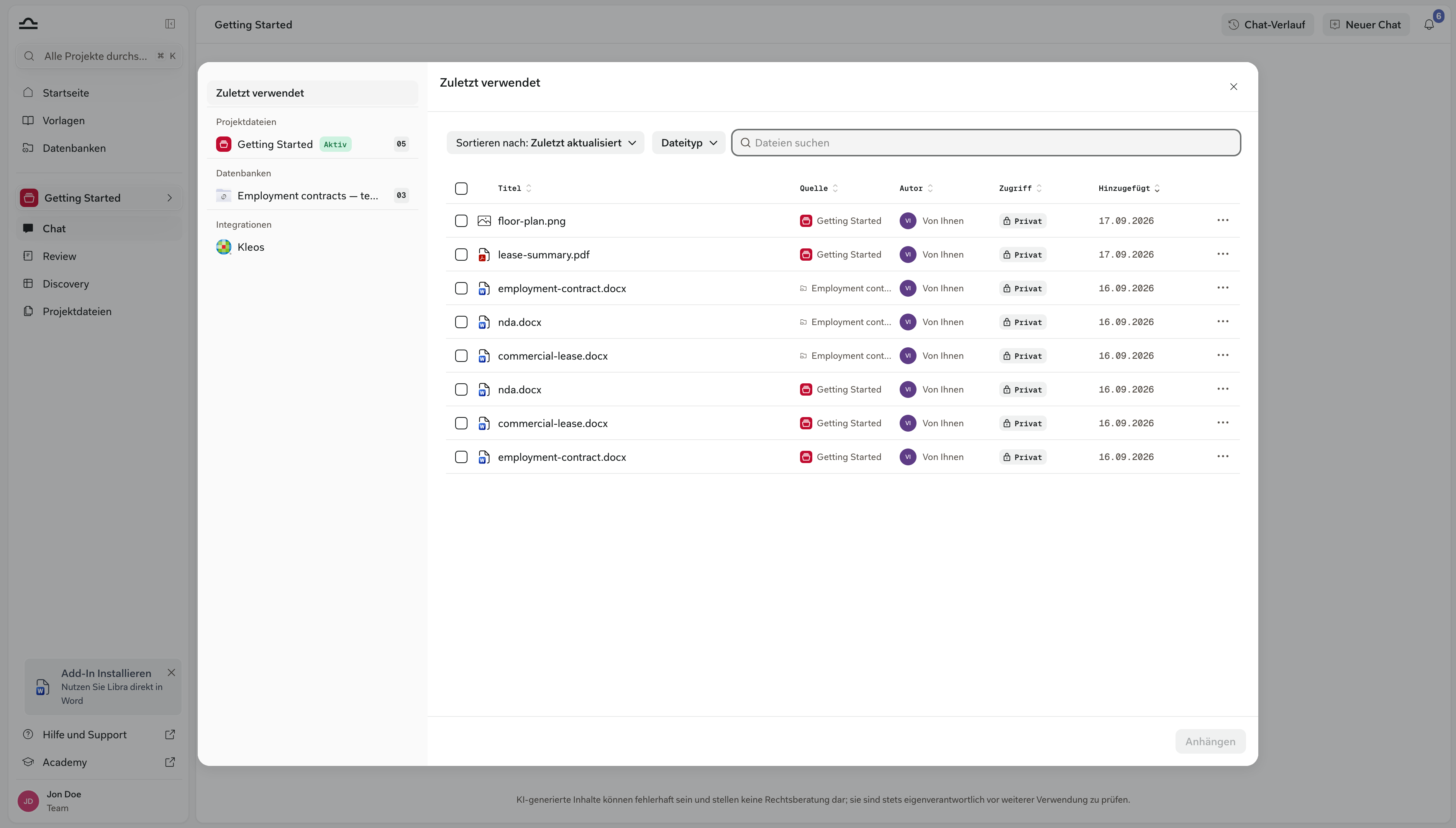 Der Dateien-auswählen-Browser mit Zuletzt verwendet, Projektdateien, Datenbanken und Integrationen in der linken Leiste sowie einer Dateiliste mit den Spalten Titel, Quelle, Autor und Zugriff