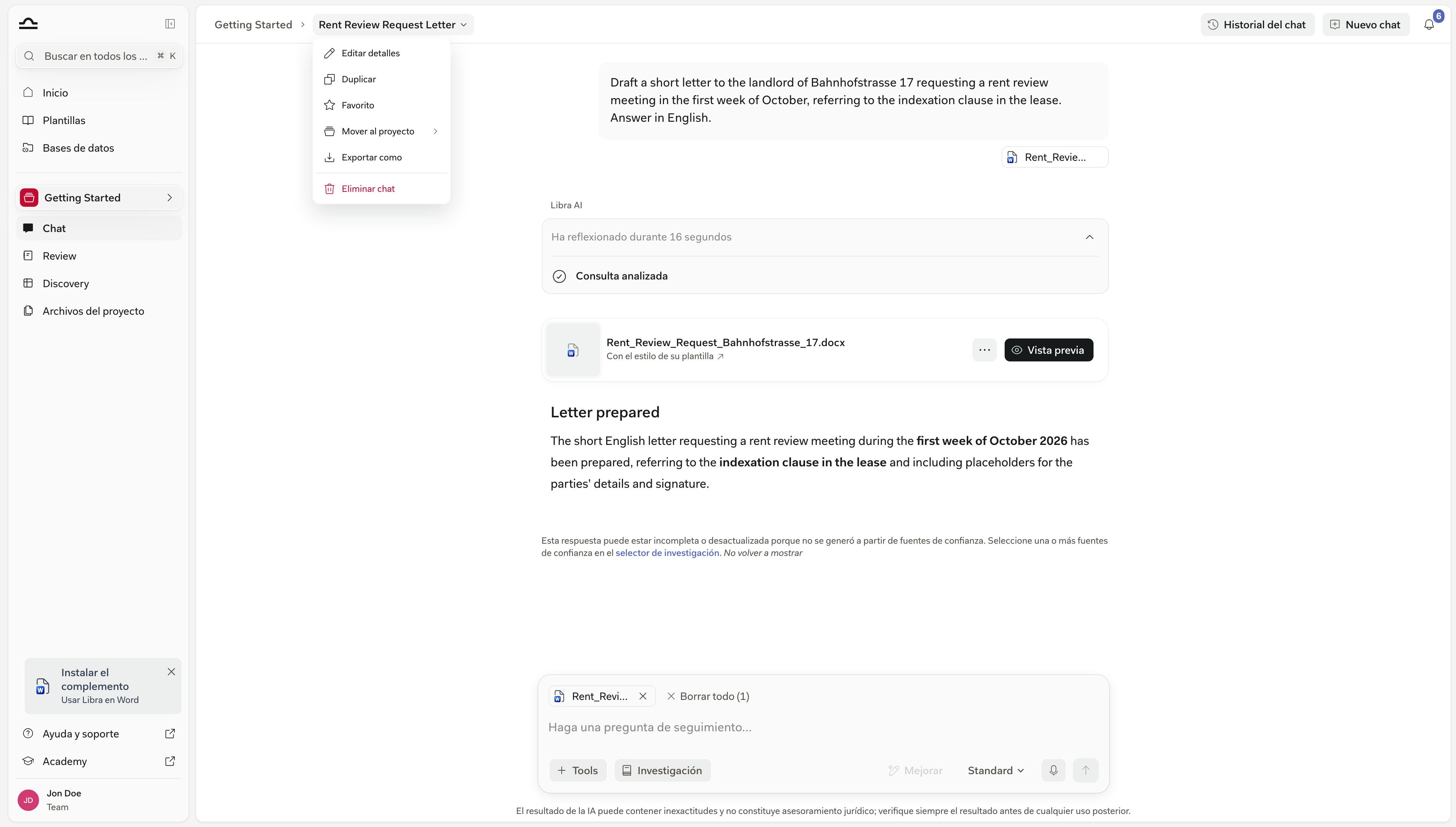 El menú Acciones de chat del chat: Editar detalles, Duplicar, Favorito, Mover a proyecto, Exportar como y Eliminar chat