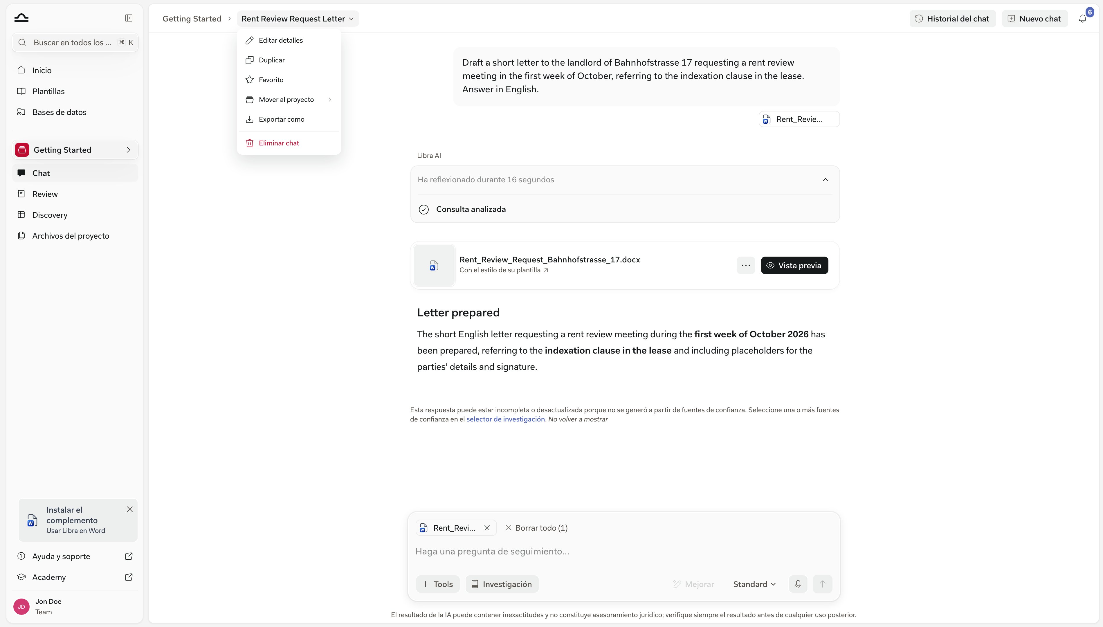 El menú Acciones de chat del chat: Editar detalles, Duplicar, Favorito, Mover a proyecto, Exportar como y Eliminar chat