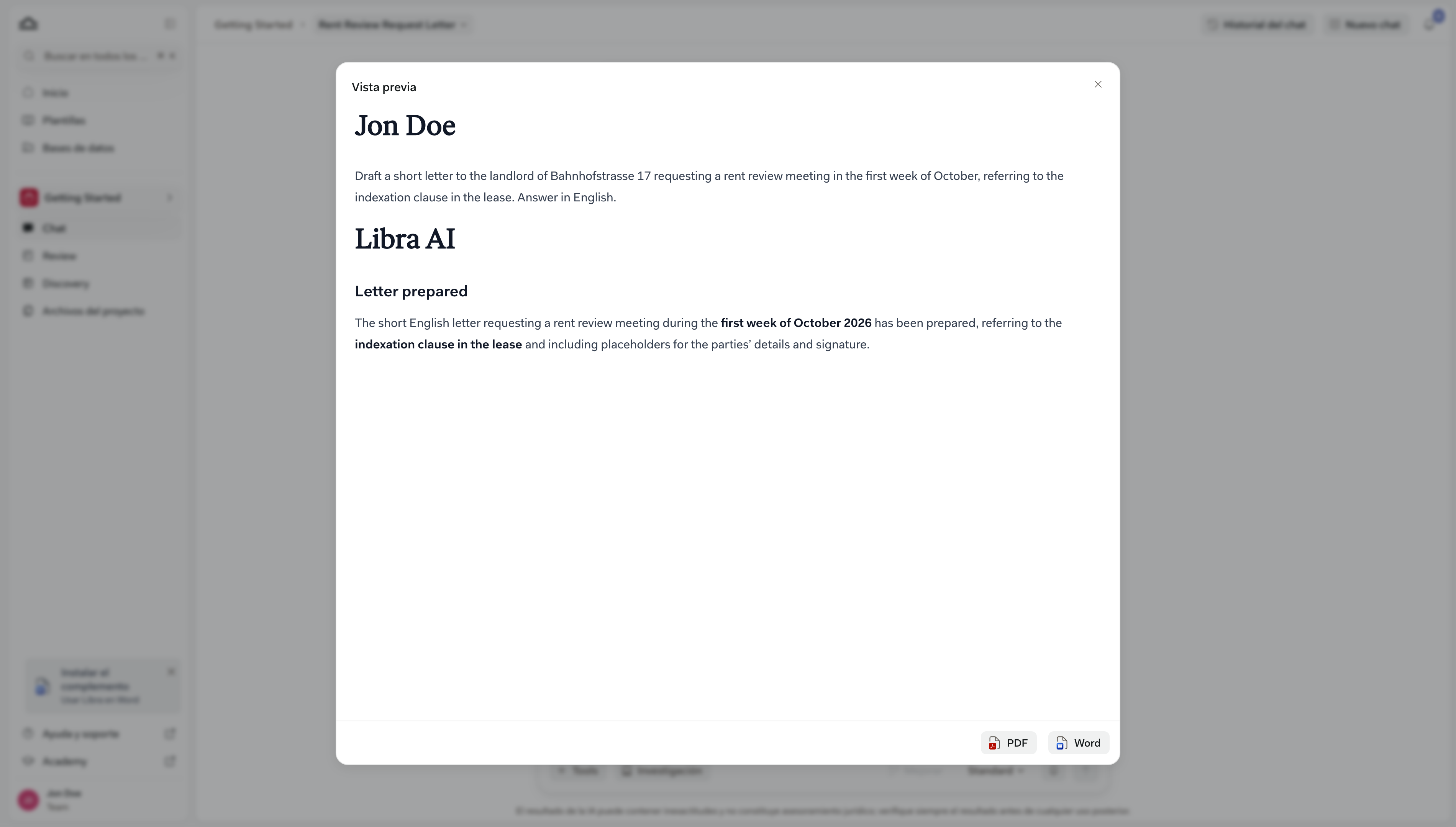 El cuadro de diálogo de exportación del chat, con la vista previa de la conversación, el interruptor Incluir citas y los botones PDF y Word