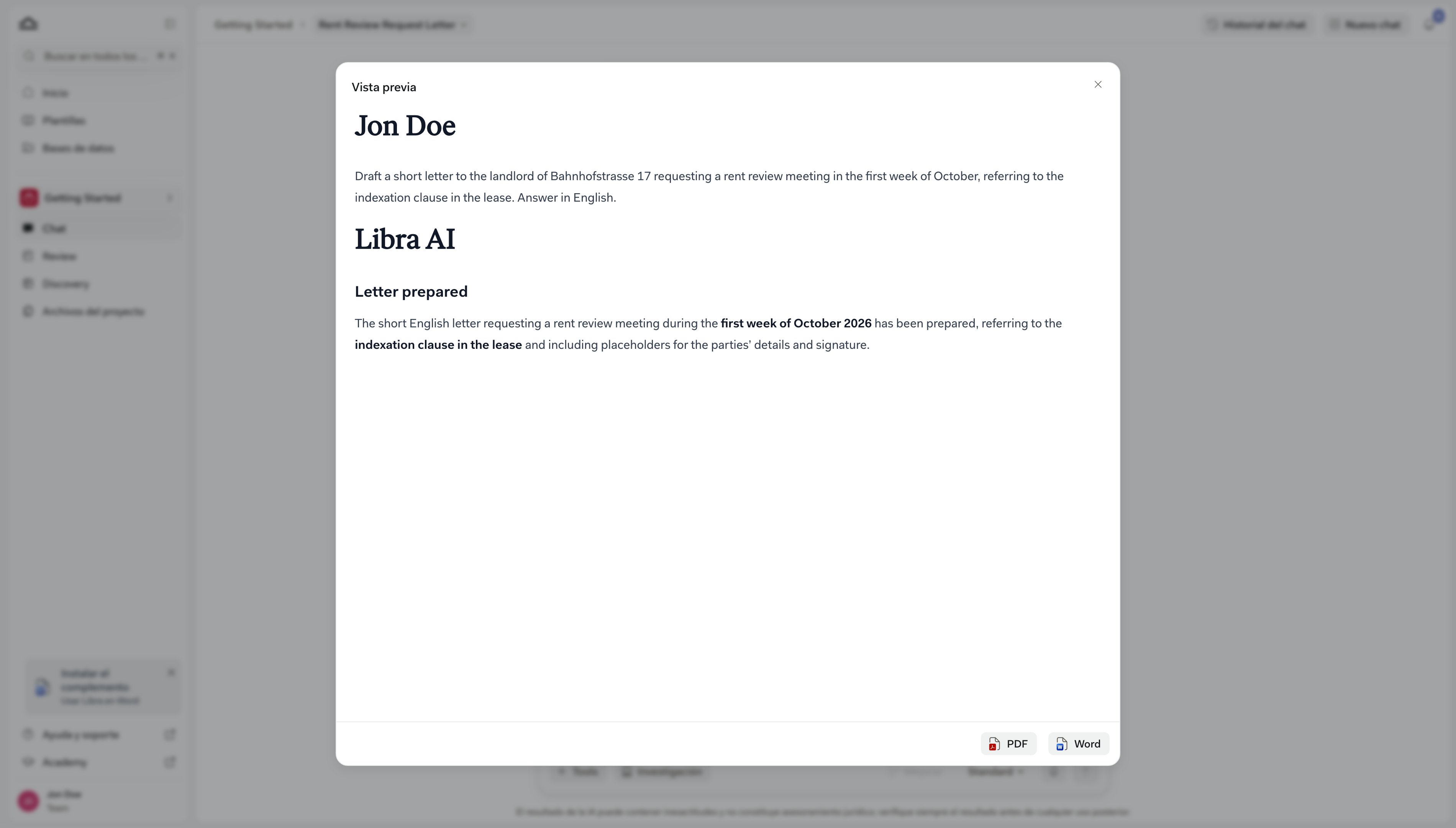 El cuadro de diálogo de exportación del chat, con la vista previa de la conversación, el interruptor Incluir citas y los botones PDF y Word