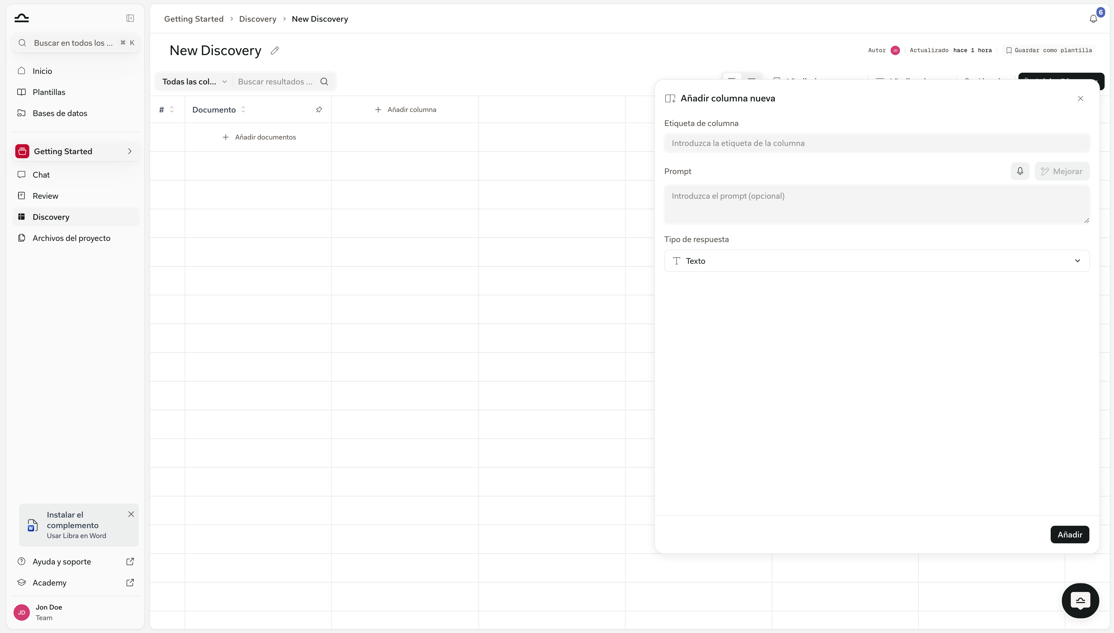Panel Add New Column con los campos Column Label, Prompt y Answer Type