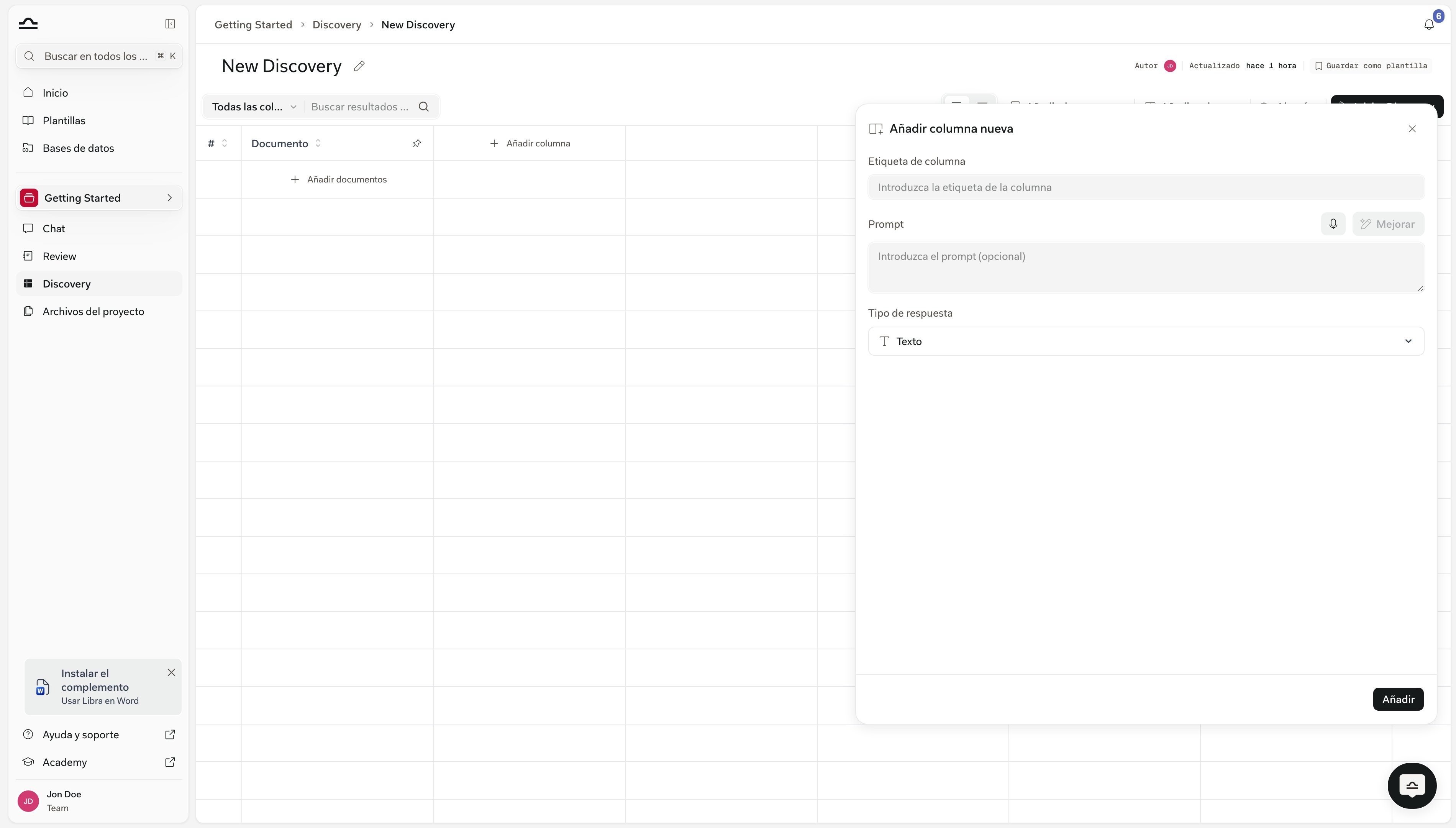 Panel Add New Column con los campos Column Label, Prompt y Answer Type