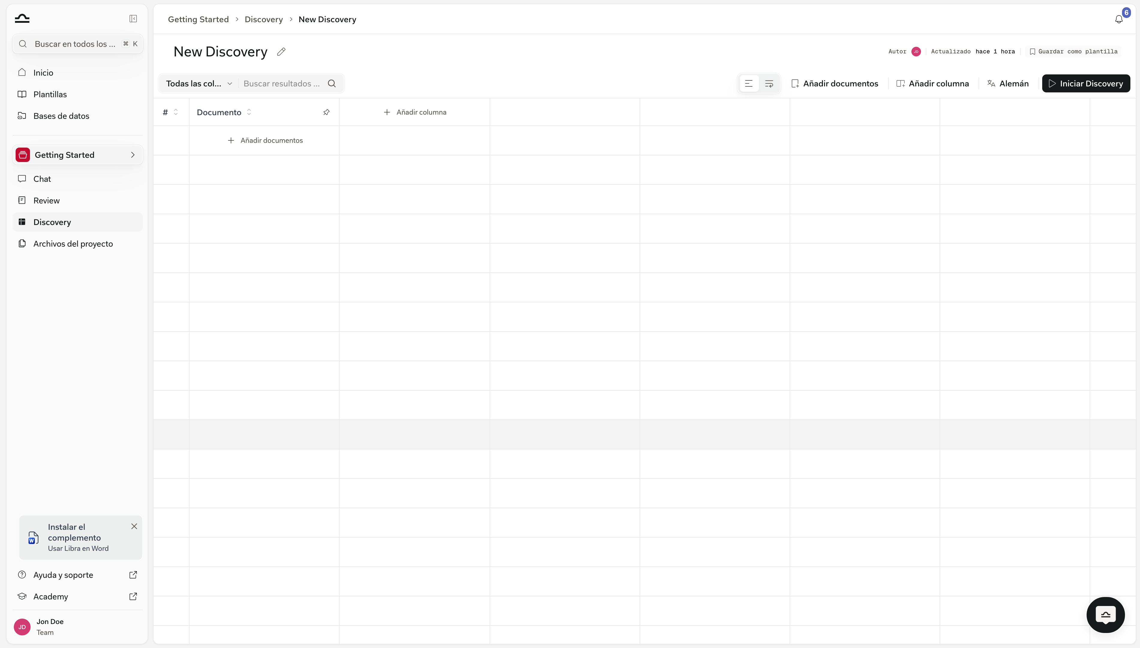 Vista de un nuevo Discovery con la tabla vacía lista para columnas y documentos