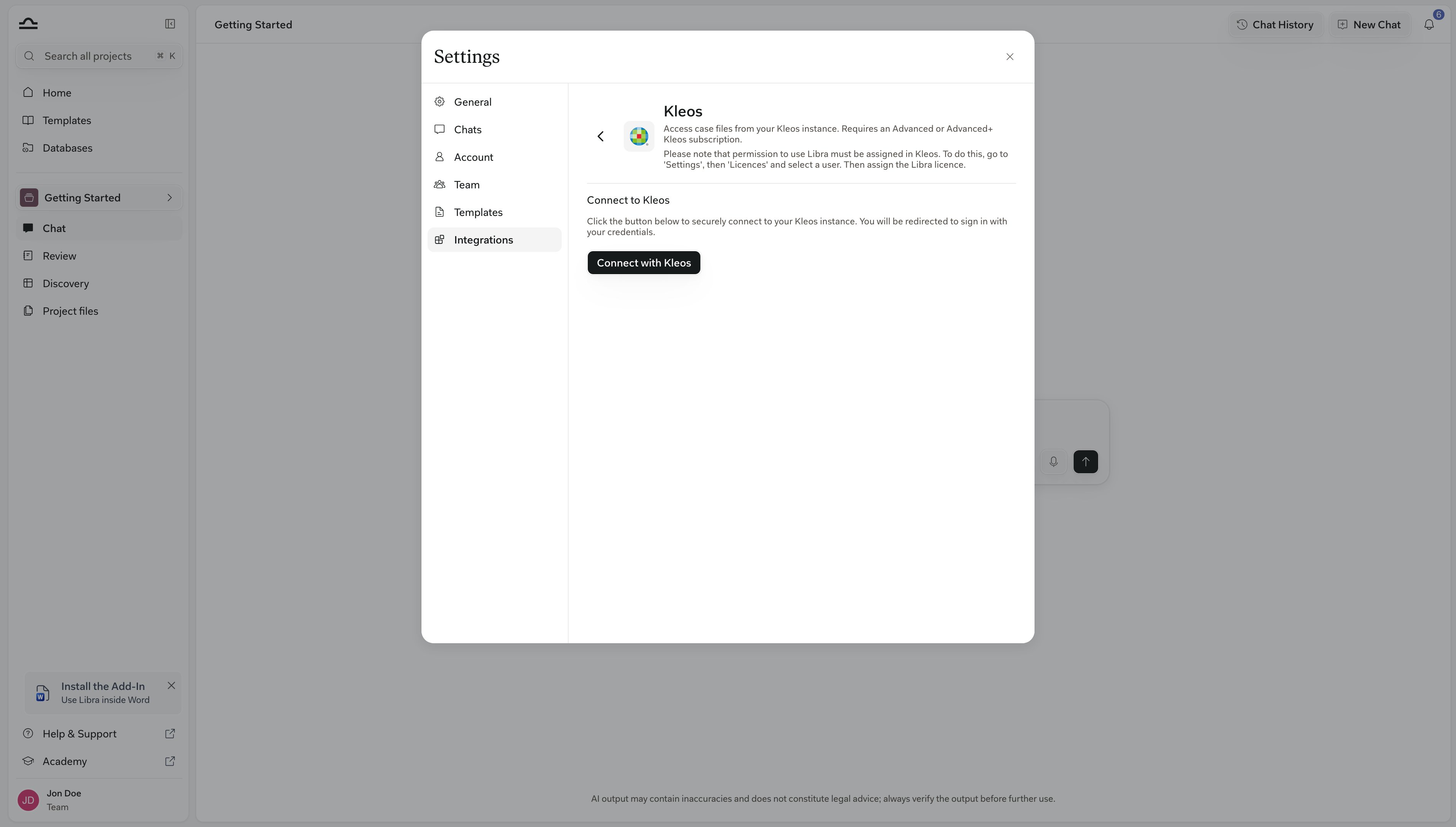 The Kleos panel in Settings → Integrations, showing the subscription and licence prerequisites and the Connect with Kleos button