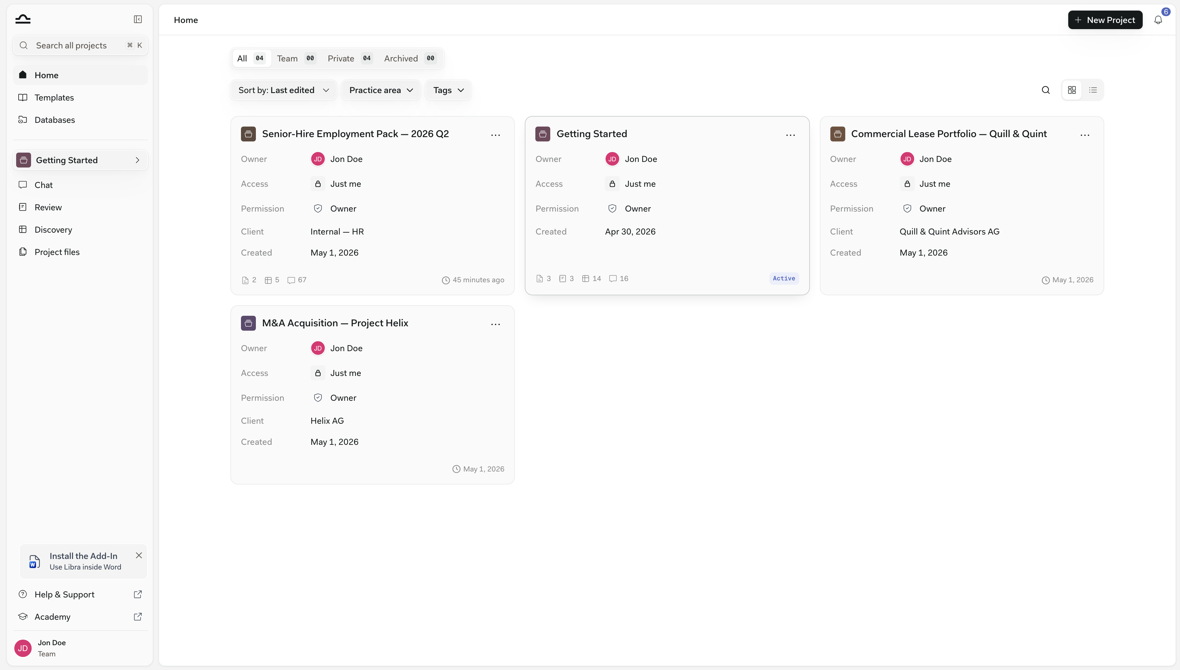 Home page showing the project list