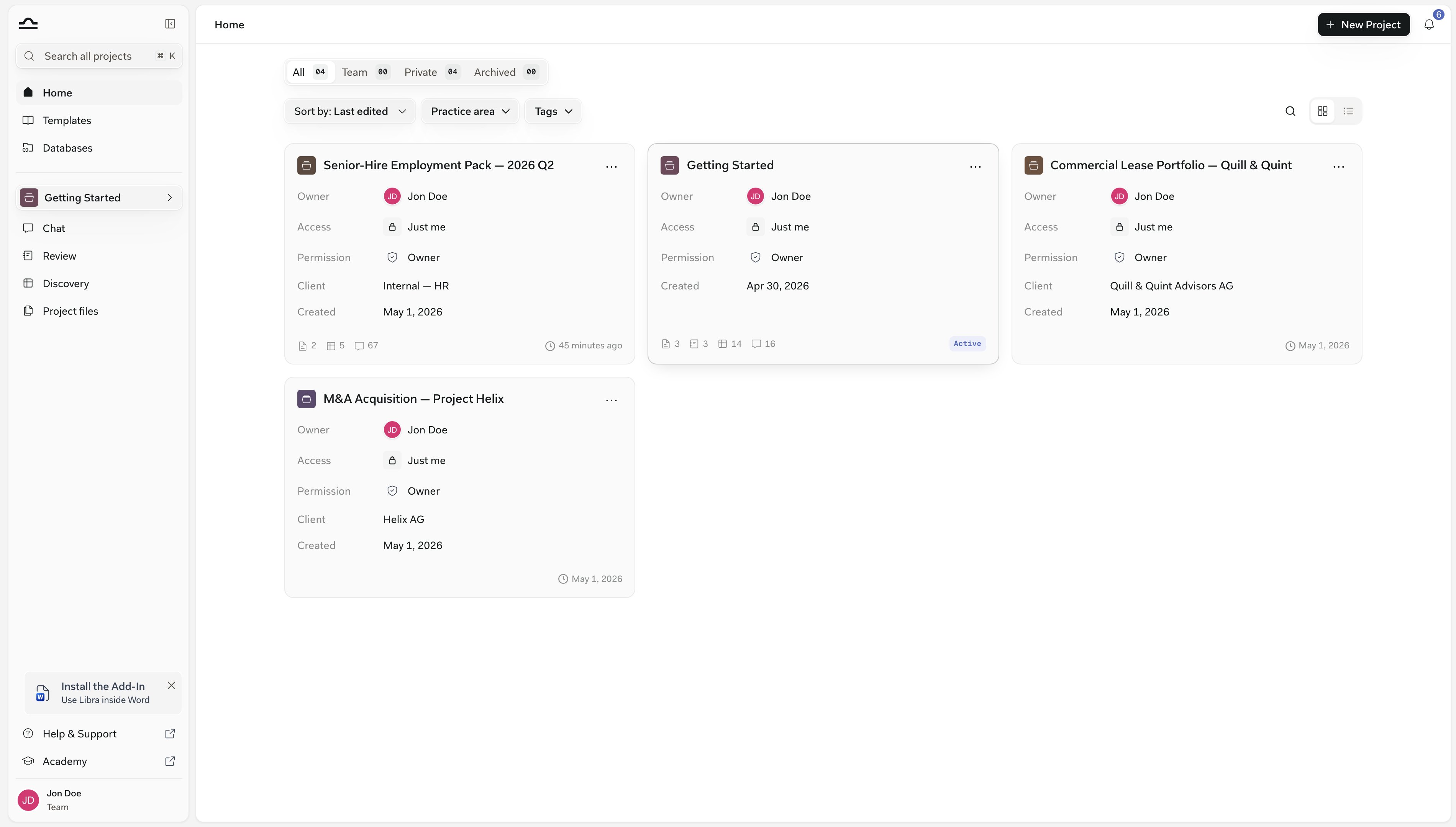 Home page showing the project list