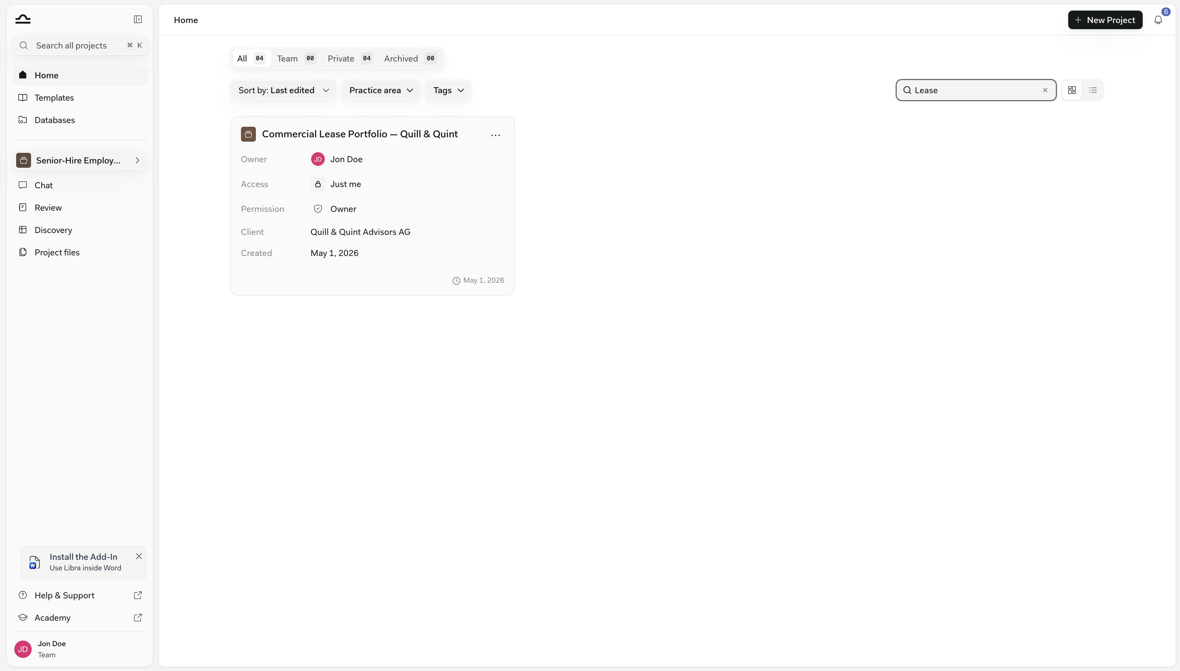 Home page with a search term typed into the toolbar, the project list filtered down to matching projects