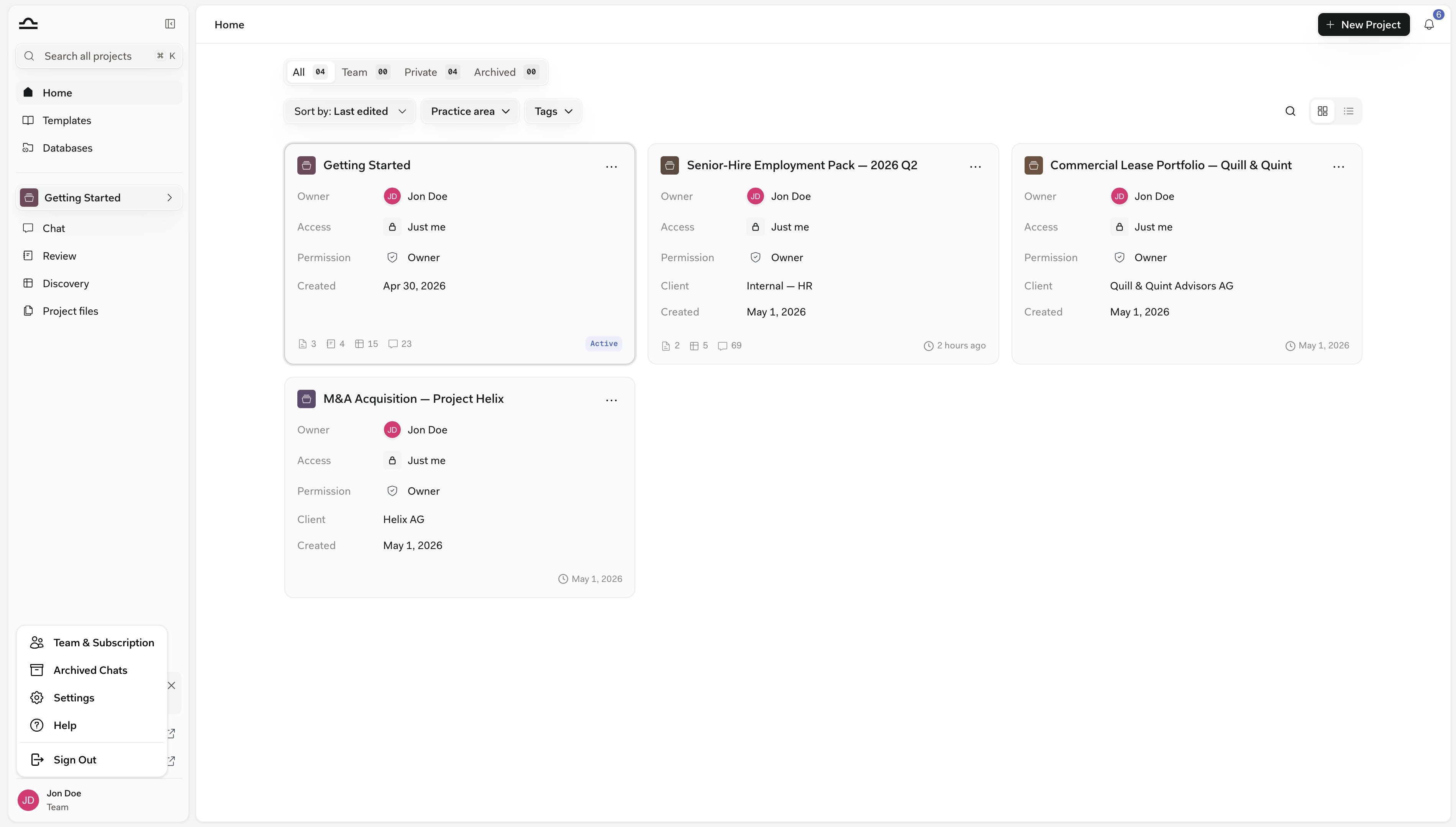 The profile menu at the bottom of the sidebar, showing Team & Subscription, Archived Chats, Settings, Help and Sign Out