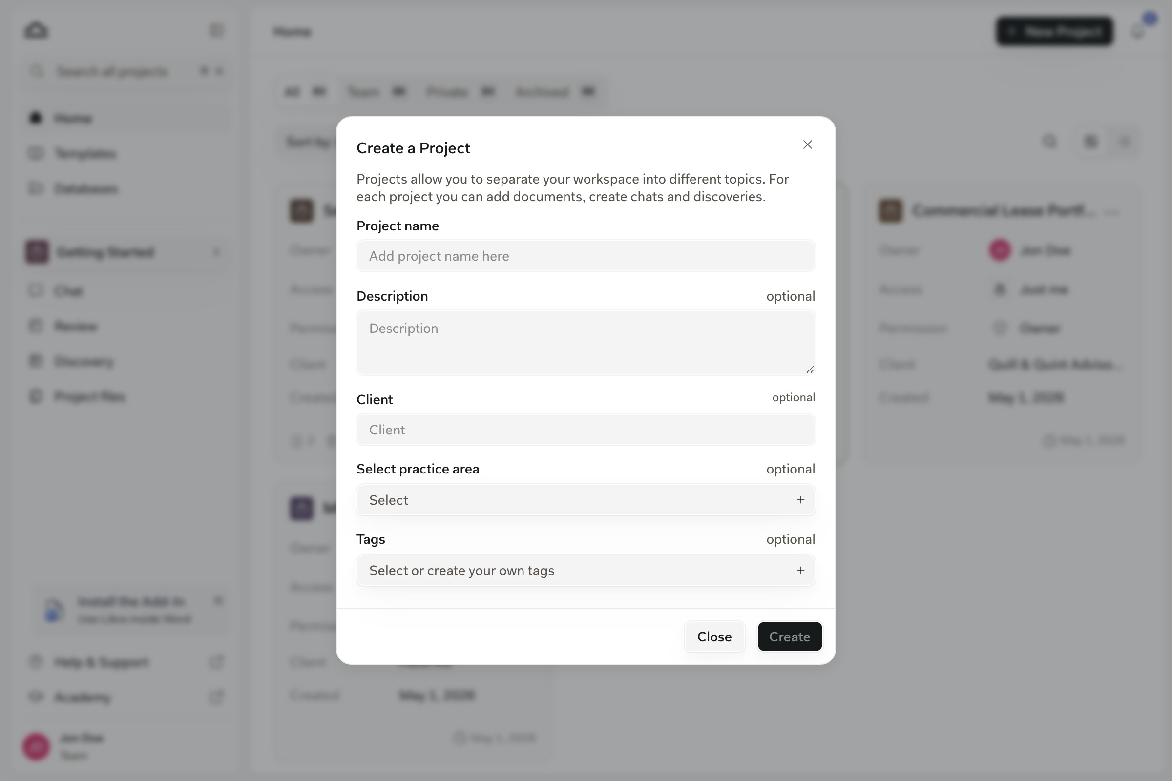 Create a Project dialog with the project name filled in