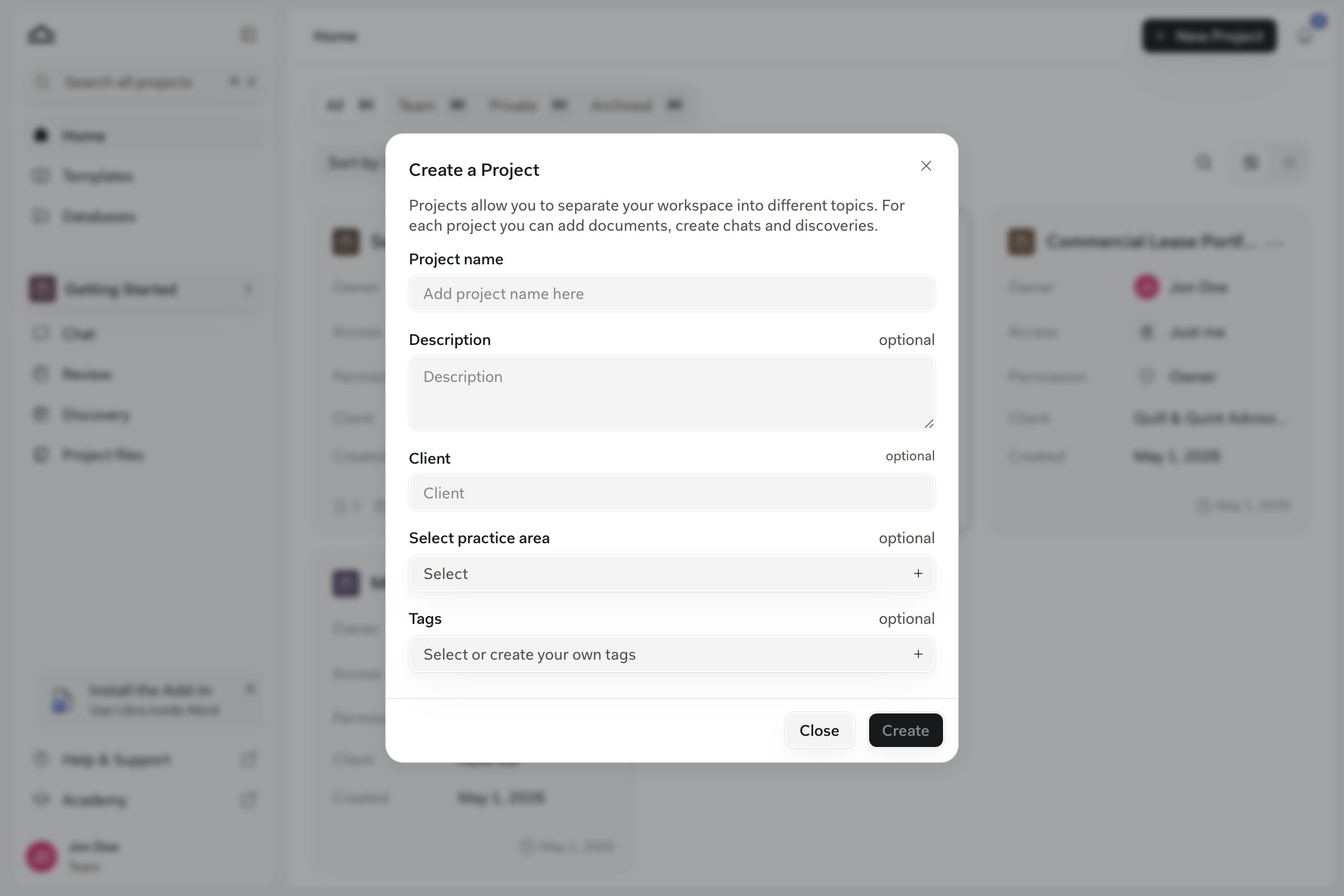 Create a Project dialog with the project name filled in