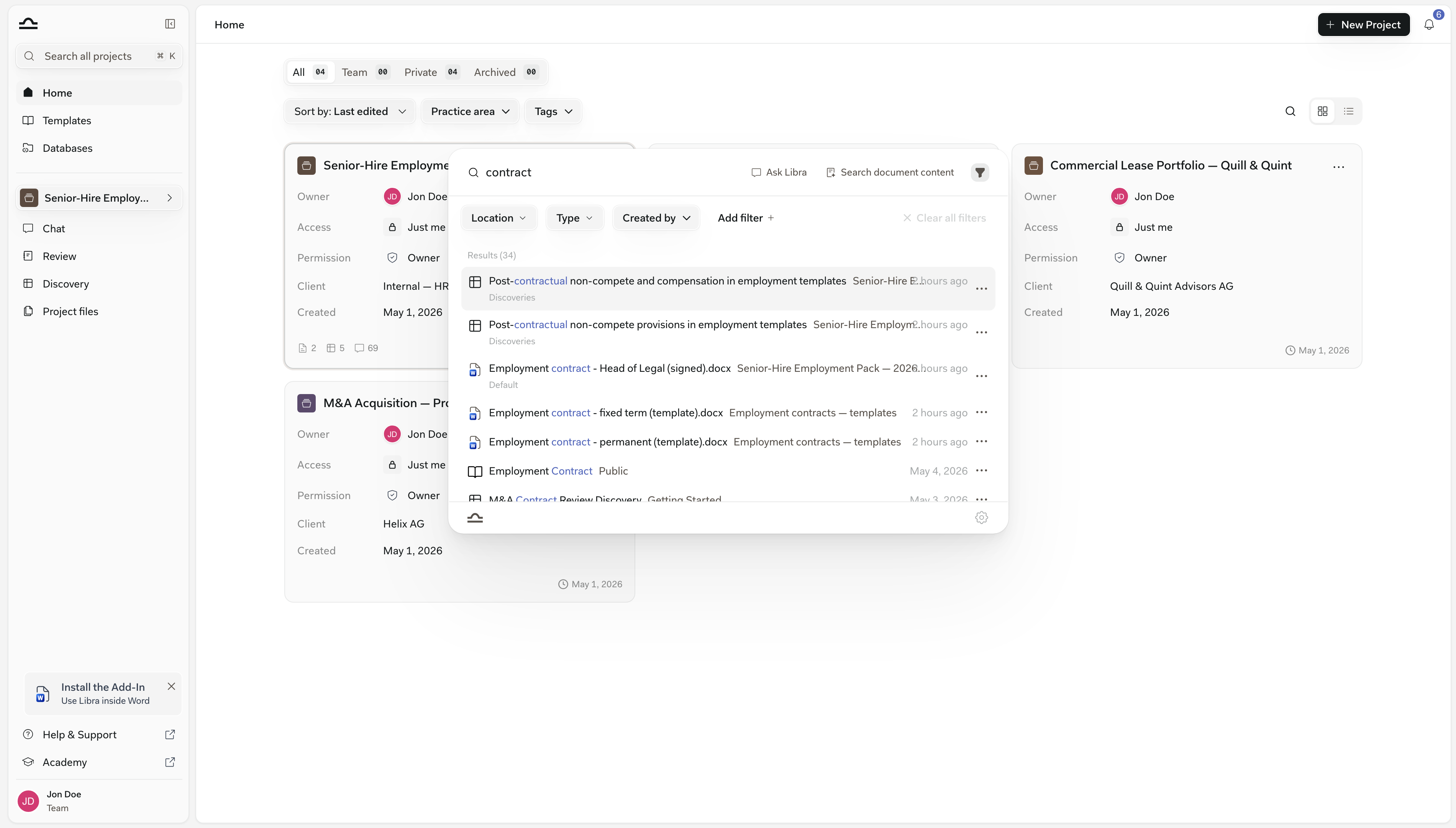 Search panel with the query 'contract', the Ask Libra and Search document content buttons beside the input, the filter bar, and a Results list mixing Discoveries, documents and a template