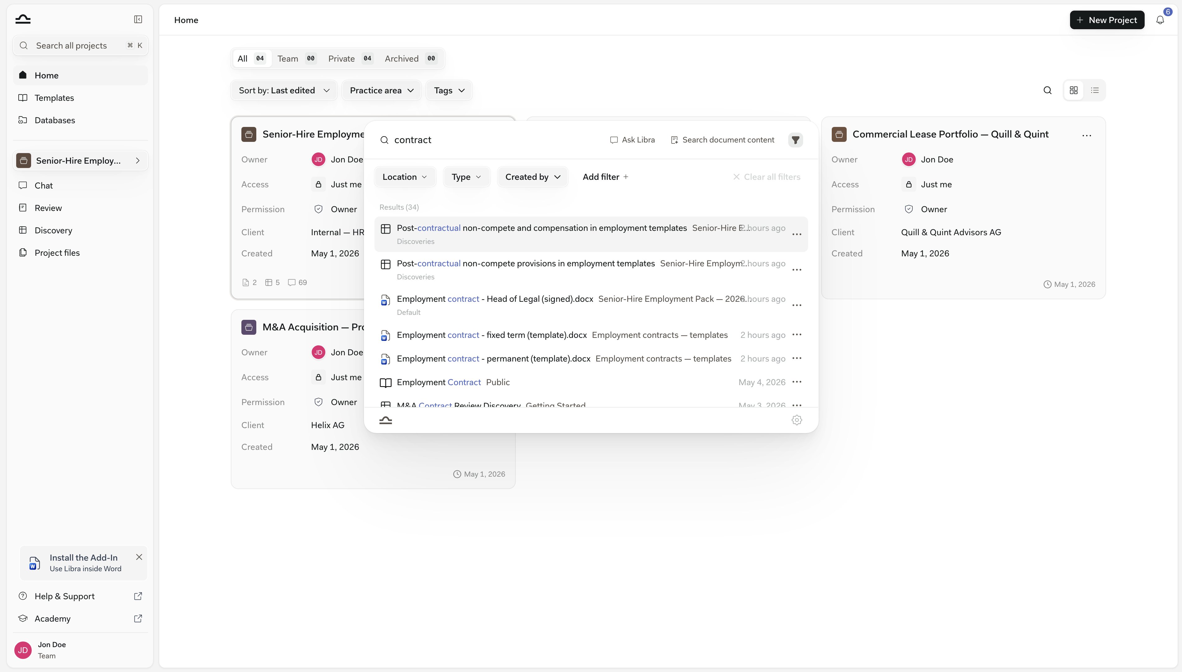 Search panel with the query 'contract', the Ask Libra and Search document content buttons beside the input, the filter bar, and a Results list mixing Discoveries, documents and a template