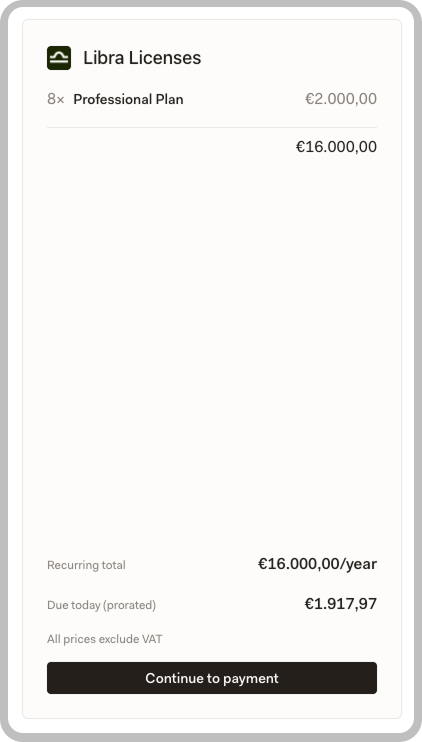 Checkout sidebar showing license quantities and pricing