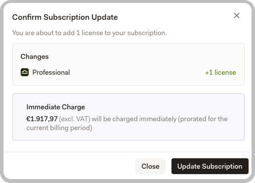 Confirmation dialog showing subscription changes and immediate charge
