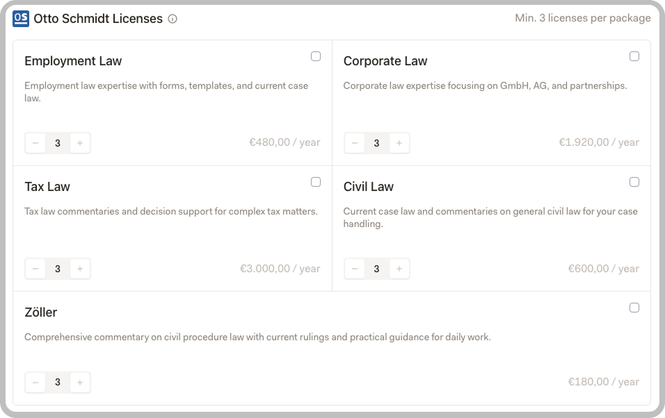 Otto Schmidt legal research modules with pricing