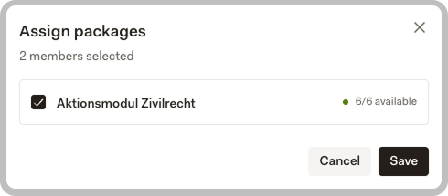 Assign packages dialog showing available packages with license counts