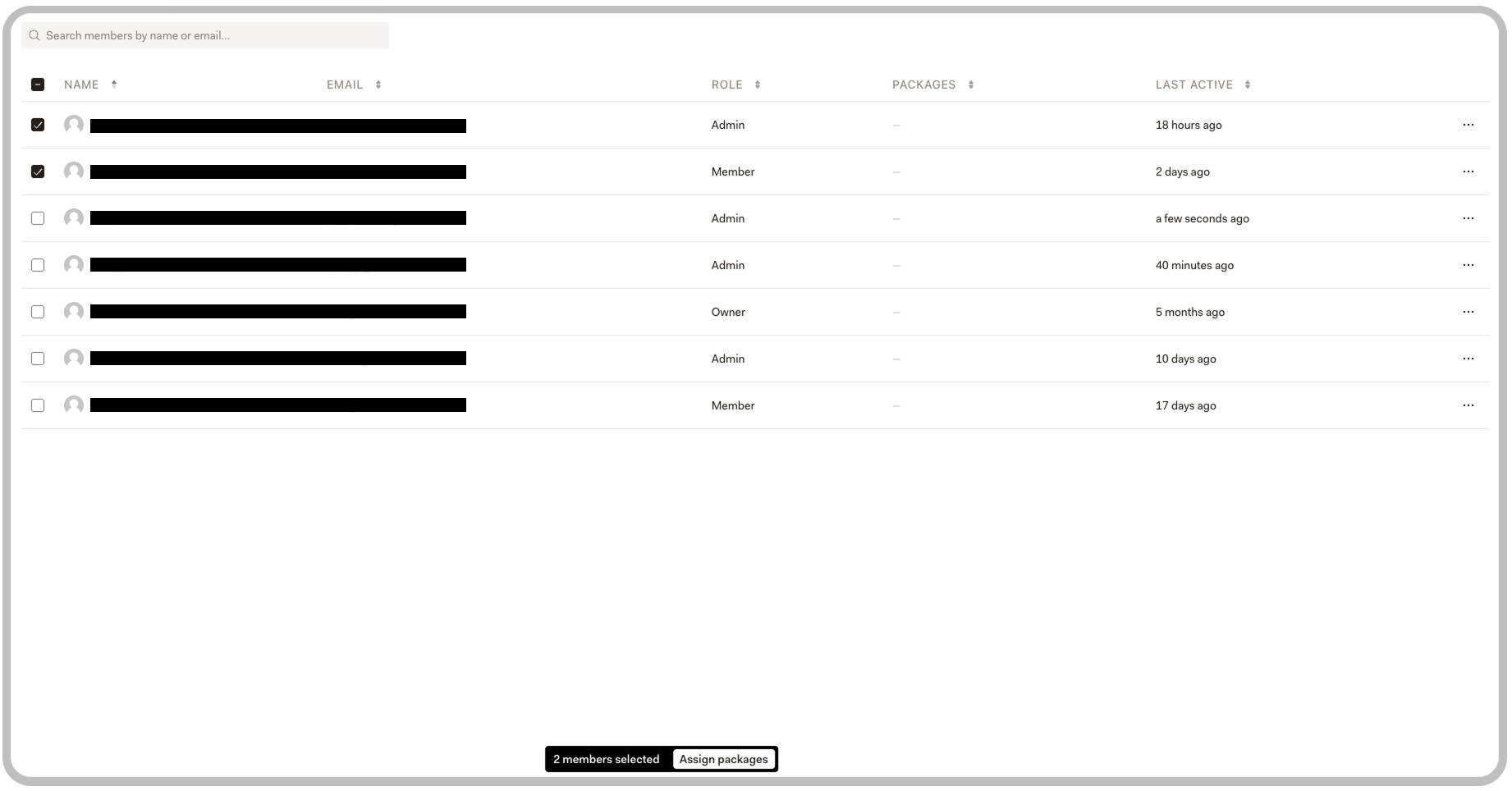 Team Members list with two members selected and Assign packages button at bottom