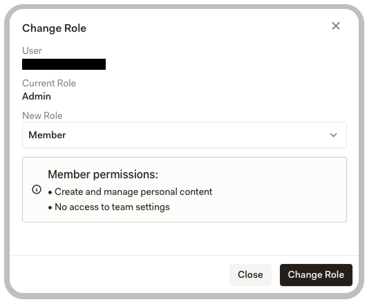 Change Role dialog showing current role, new role dropdown, and member permissions