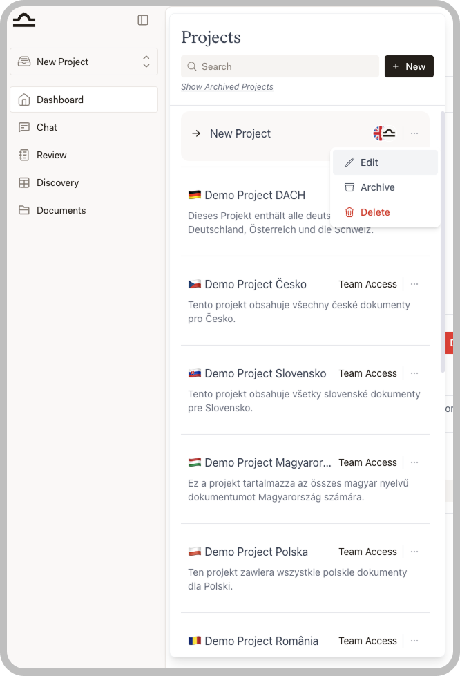 Projects list showing Edit, Archive, and Delete options in project menu