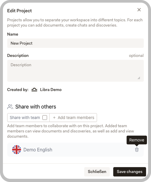 Edit Project modal showing team member with Remove button