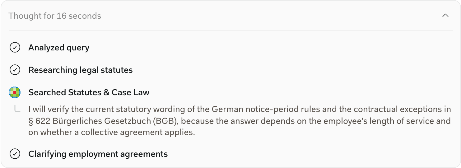 Die über einer Antwort geöffnete Leiste mit Libras Denkschritten, Überschrift „16 Sekunden lang nachgedacht” mit einem Chevron rechts, darunter die Schritte „Anfrage analysiert”, „Gesetze werden recherchiert” und „Statutes & Case Law durchsucht” mit den darunter eingerückten Überlegungen