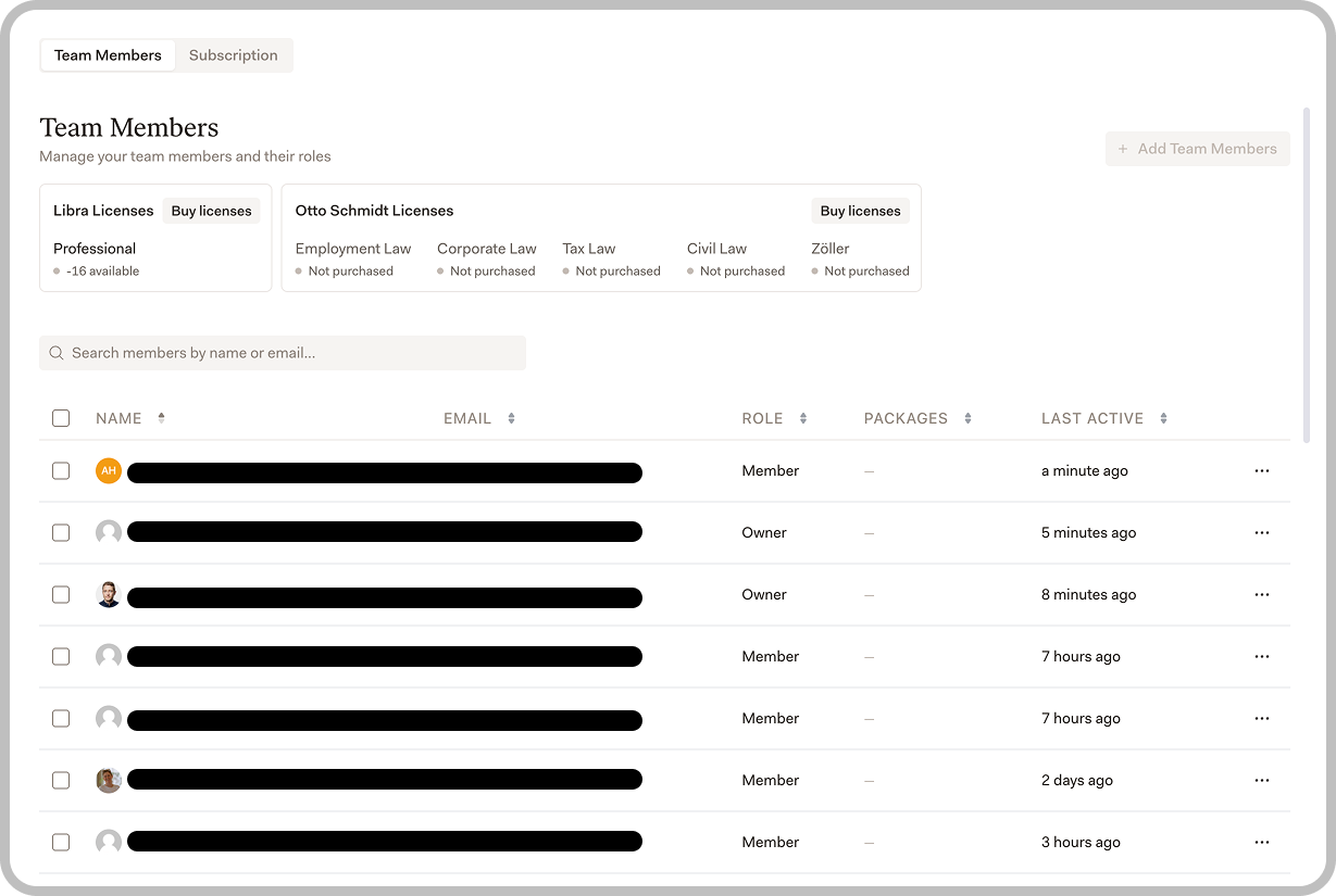 Team Members page showing license overview and member list with roles