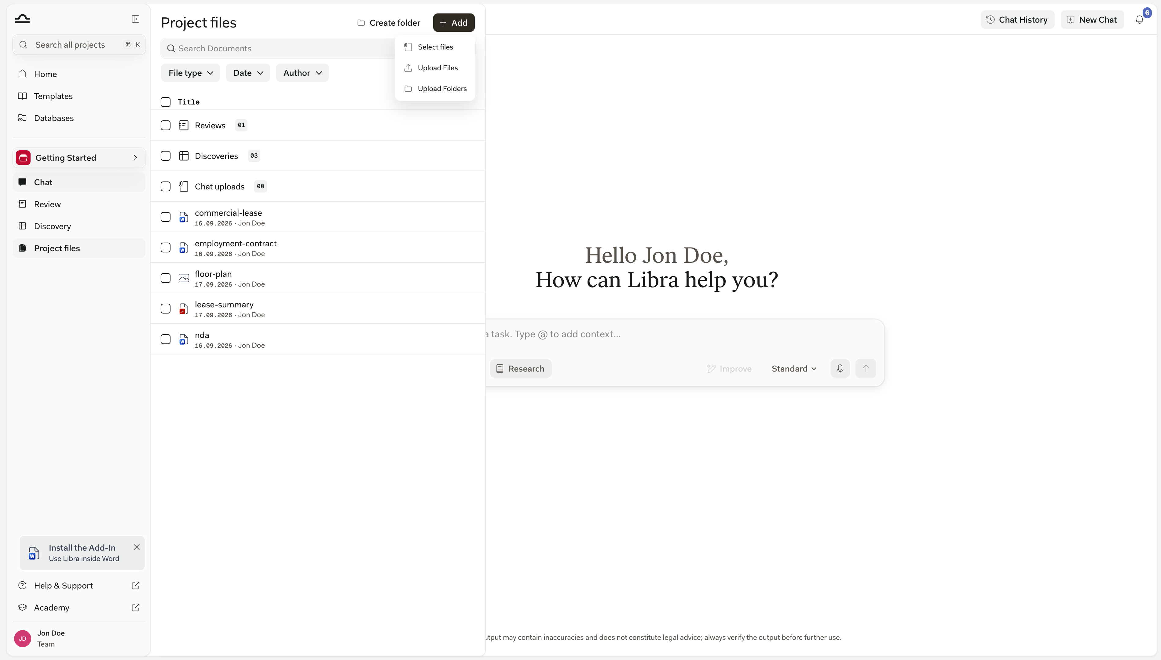 The Project files Add menu open, listing Select files, Upload Files and Upload Folders