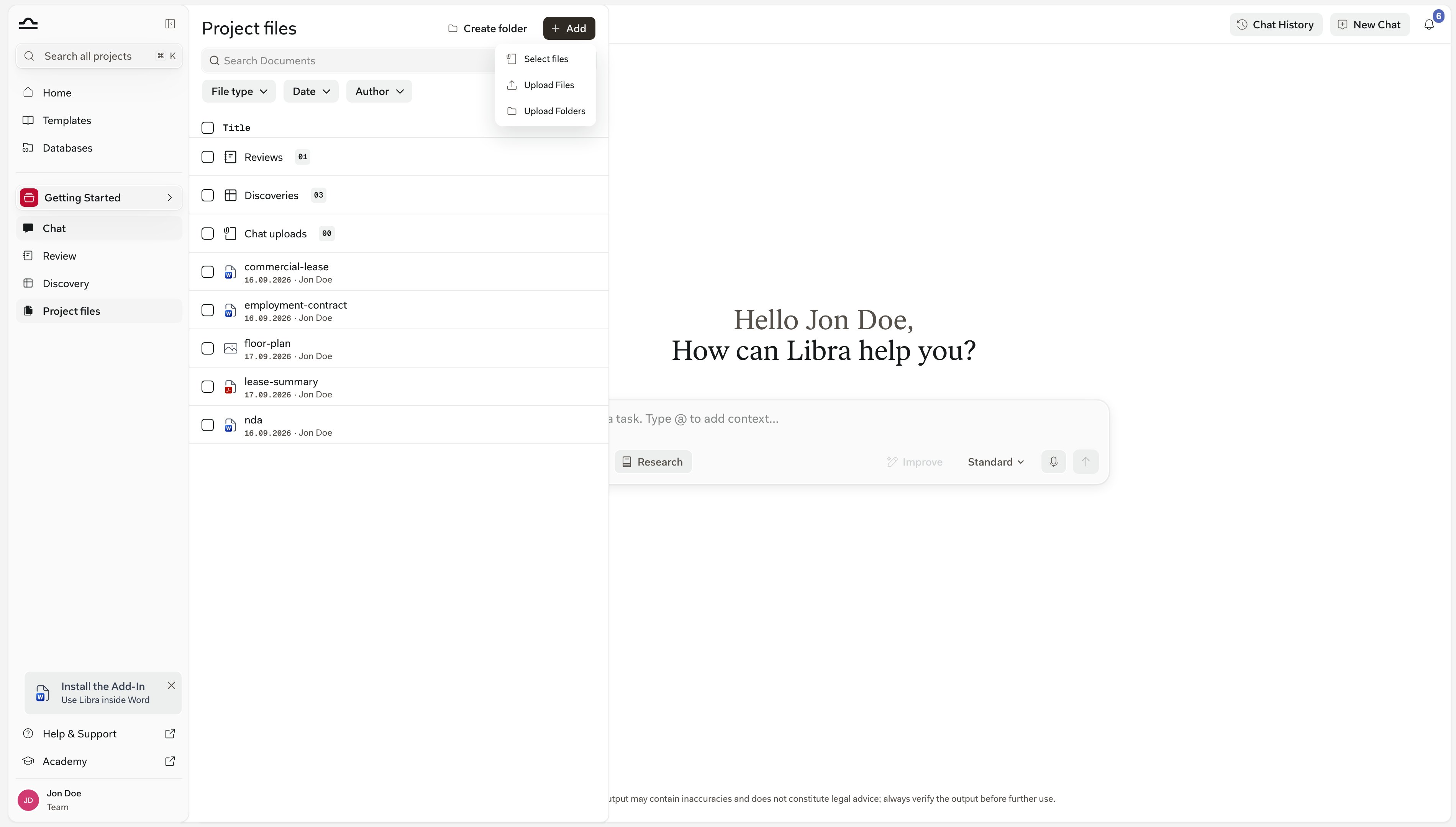 The Project files Add menu open, listing Select files, Upload Files and Upload Folders