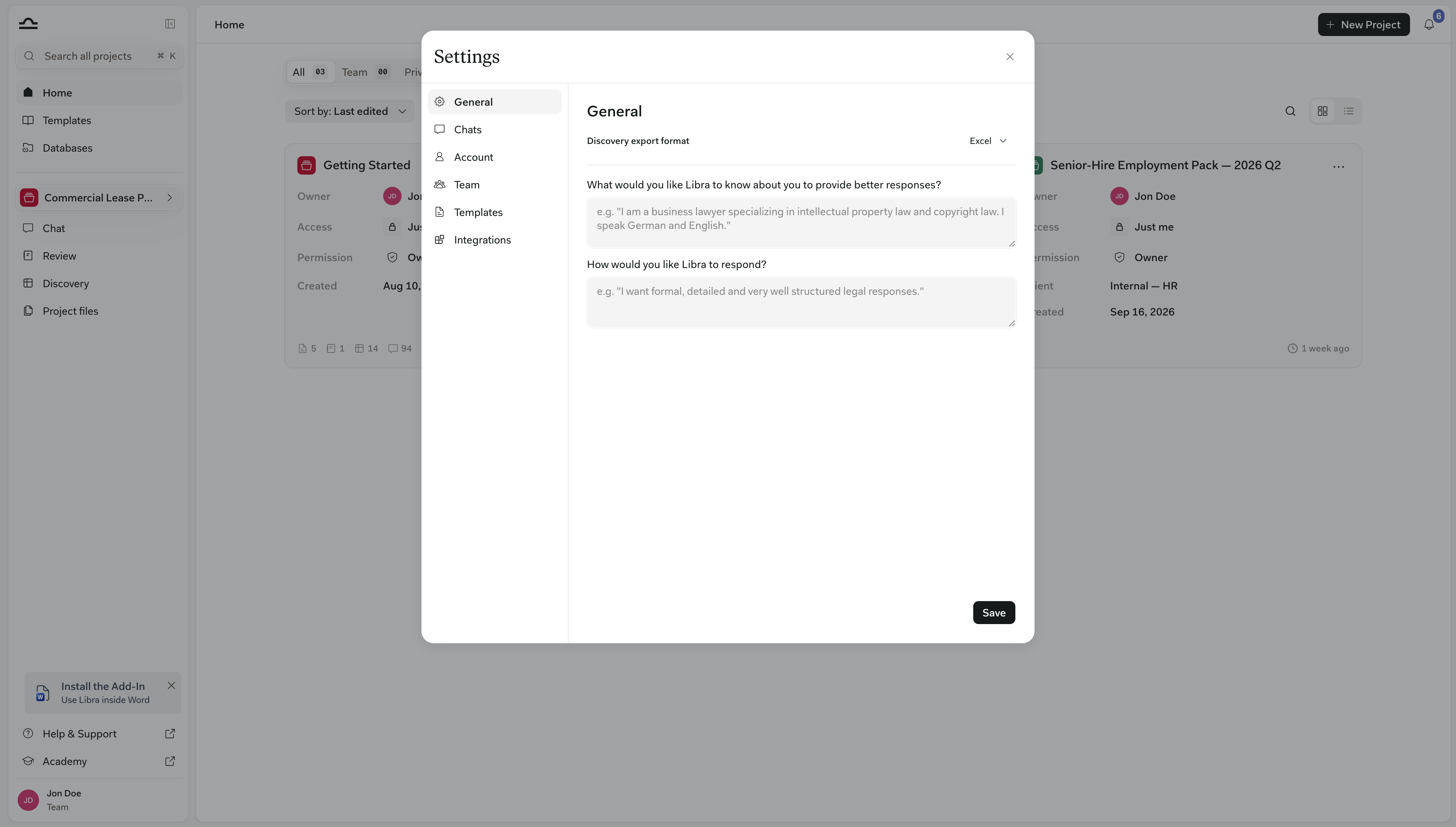 Der Tab „Allgemein” in den Einstellungen mit dem Discovery-Exportformat auf Excel über zwei leeren Textfeldern — „Was möchten Sie, dass Libra über Sie weiß, um bessere Antworten geben zu können?” und „Welche Antwort hätten Sie gerne von Libra?” — und der Schaltfläche „Speichern” unten