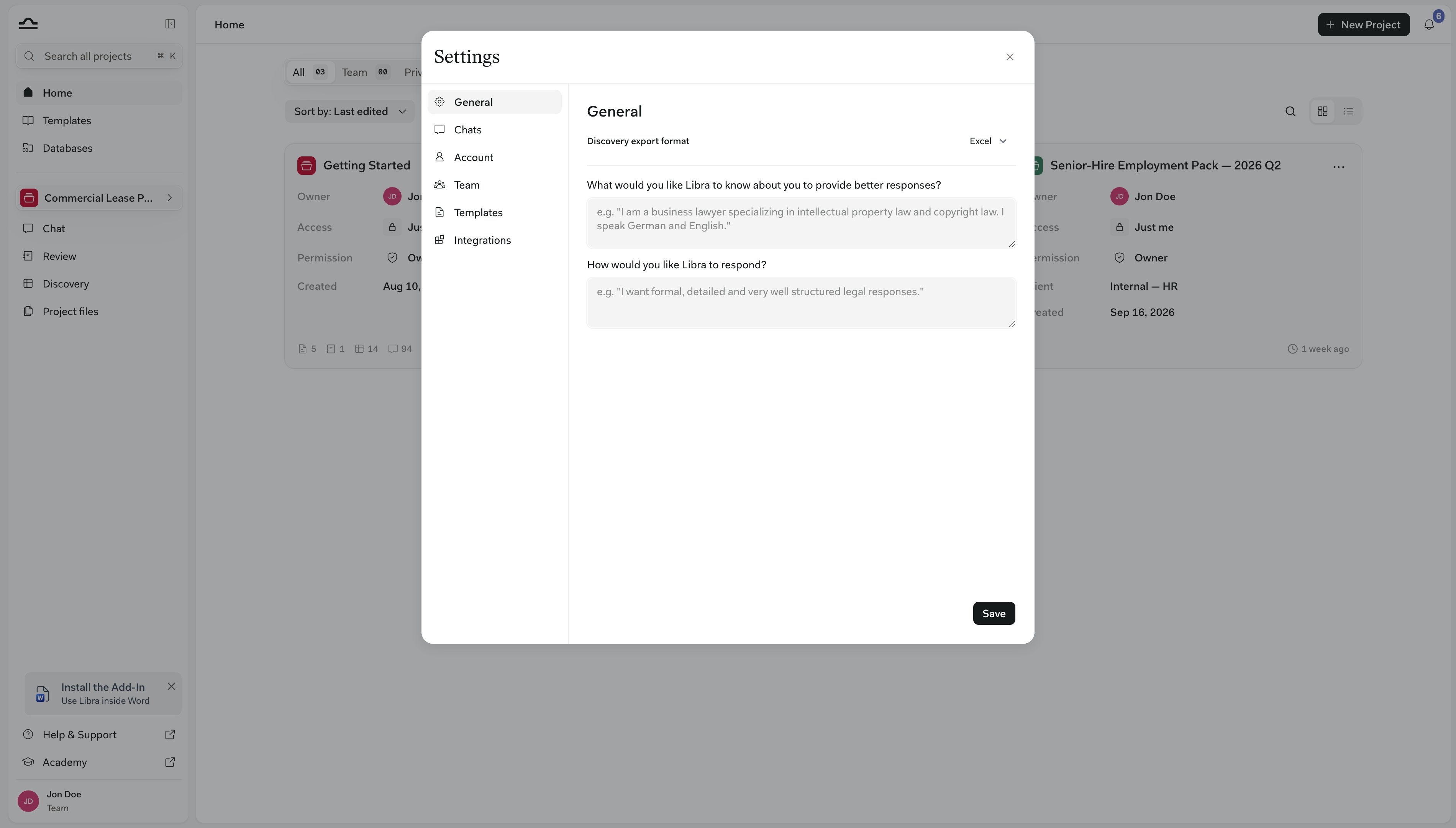 Der Tab „Allgemein” in den Einstellungen mit dem Discovery-Exportformat auf Excel über zwei leeren Textfeldern — „Was möchten Sie, dass Libra über Sie weiß, um bessere Antworten geben zu können?” und „Welche Antwort hätten Sie gerne von Libra?” — und der Schaltfläche „Speichern” unten