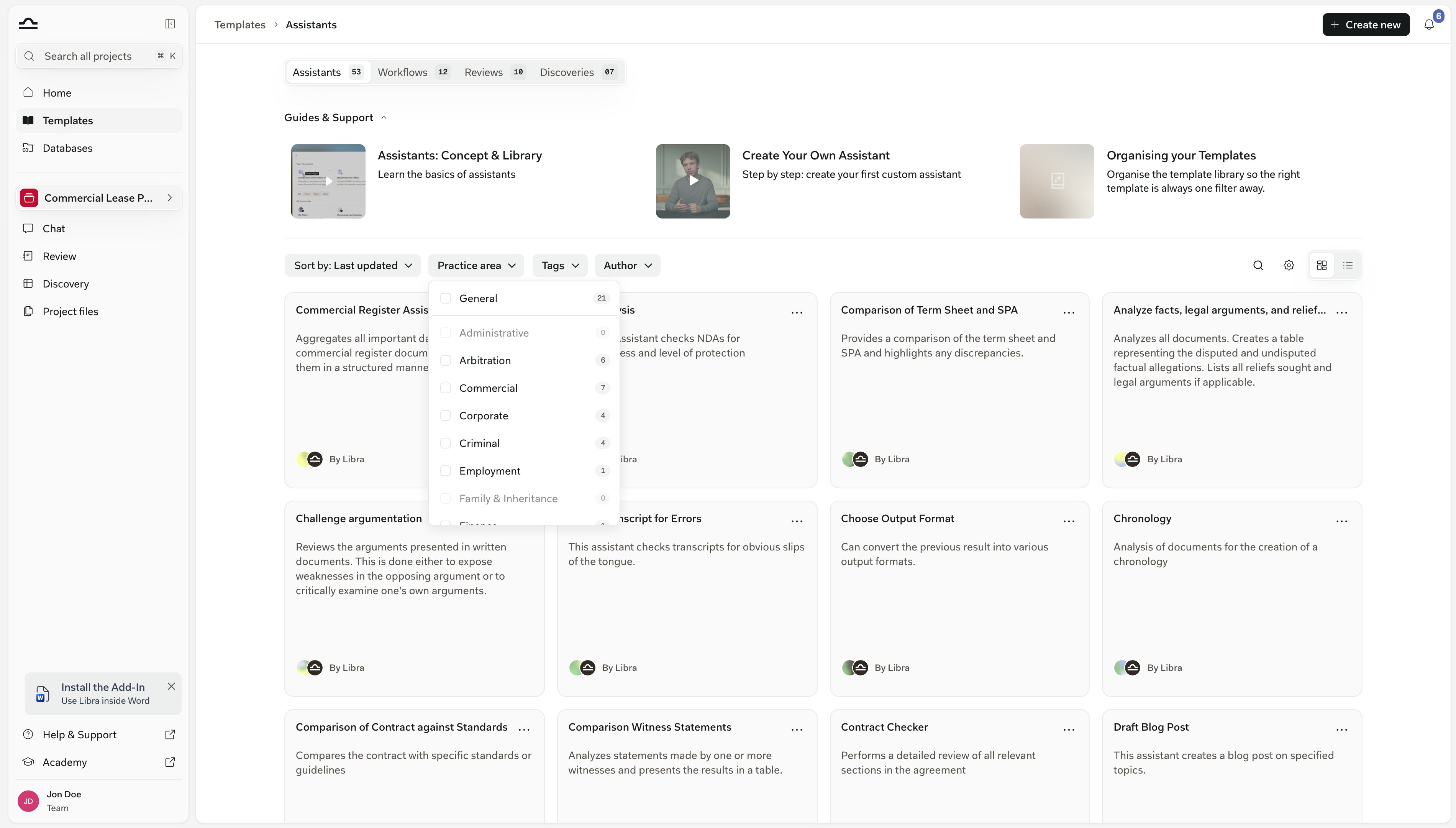 Filterleiste der Vorlagen mit geöffnetem Dropdown Rechtsgebiet: neben jedem Rechtsgebiet ein Kontrollkästchen und eine Anzahl, die Rechtsgebiete ohne passende Vorlagen ausgegraut