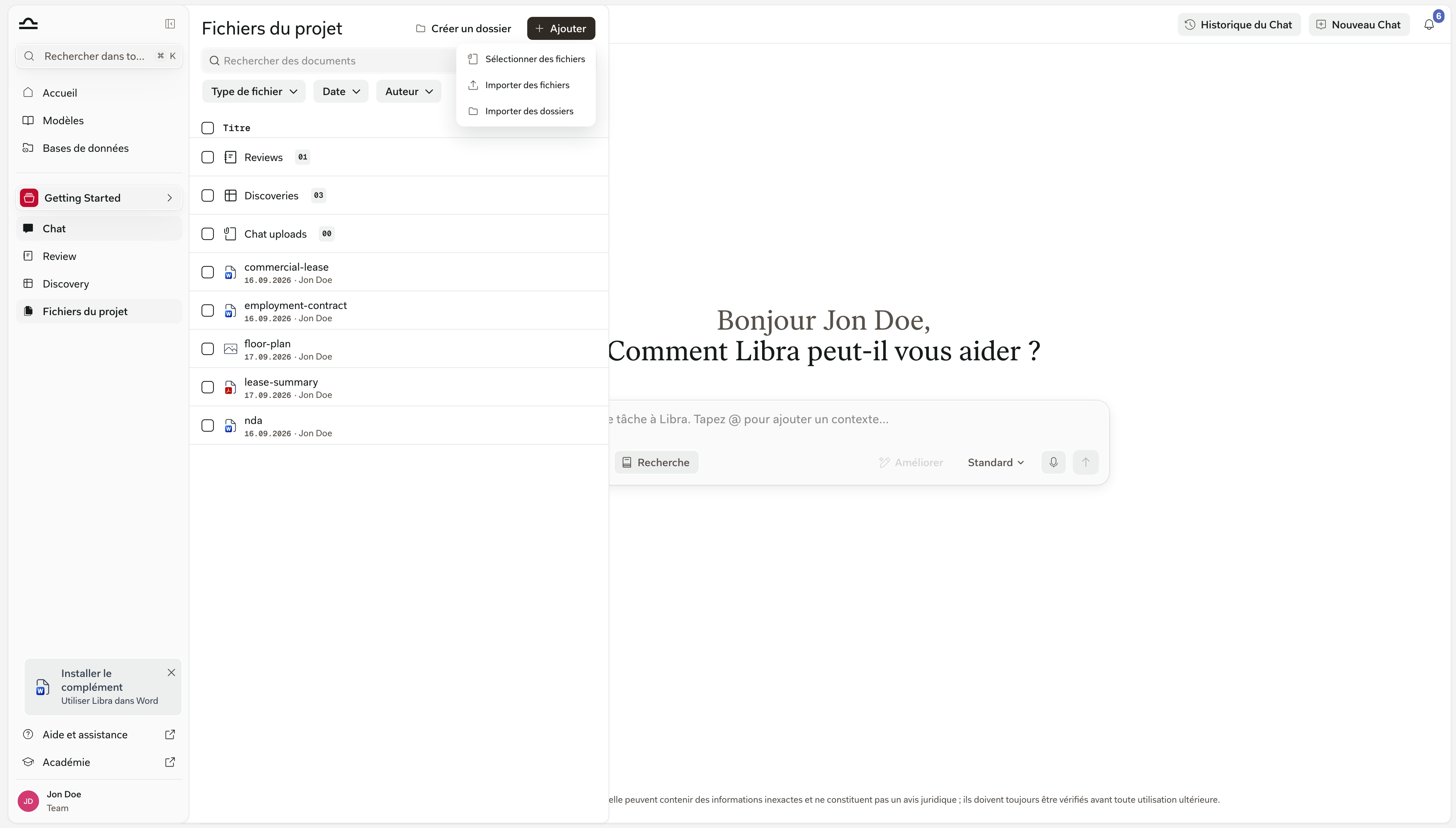 Le menu Ajouter des Fichiers projet ouvert, listant Sélectionner des fichiers, Importer des fichiers et Importer des dossiers