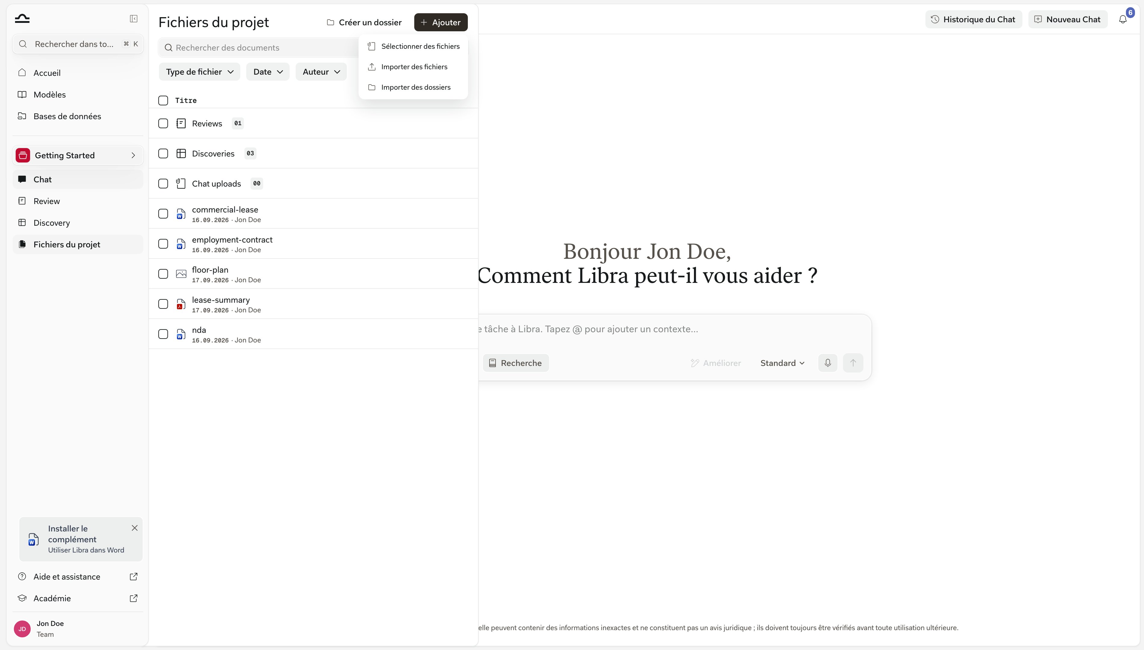 Le menu Ajouter des Fichiers projet ouvert, listant Sélectionner des fichiers, Importer des fichiers et Importer des dossiers