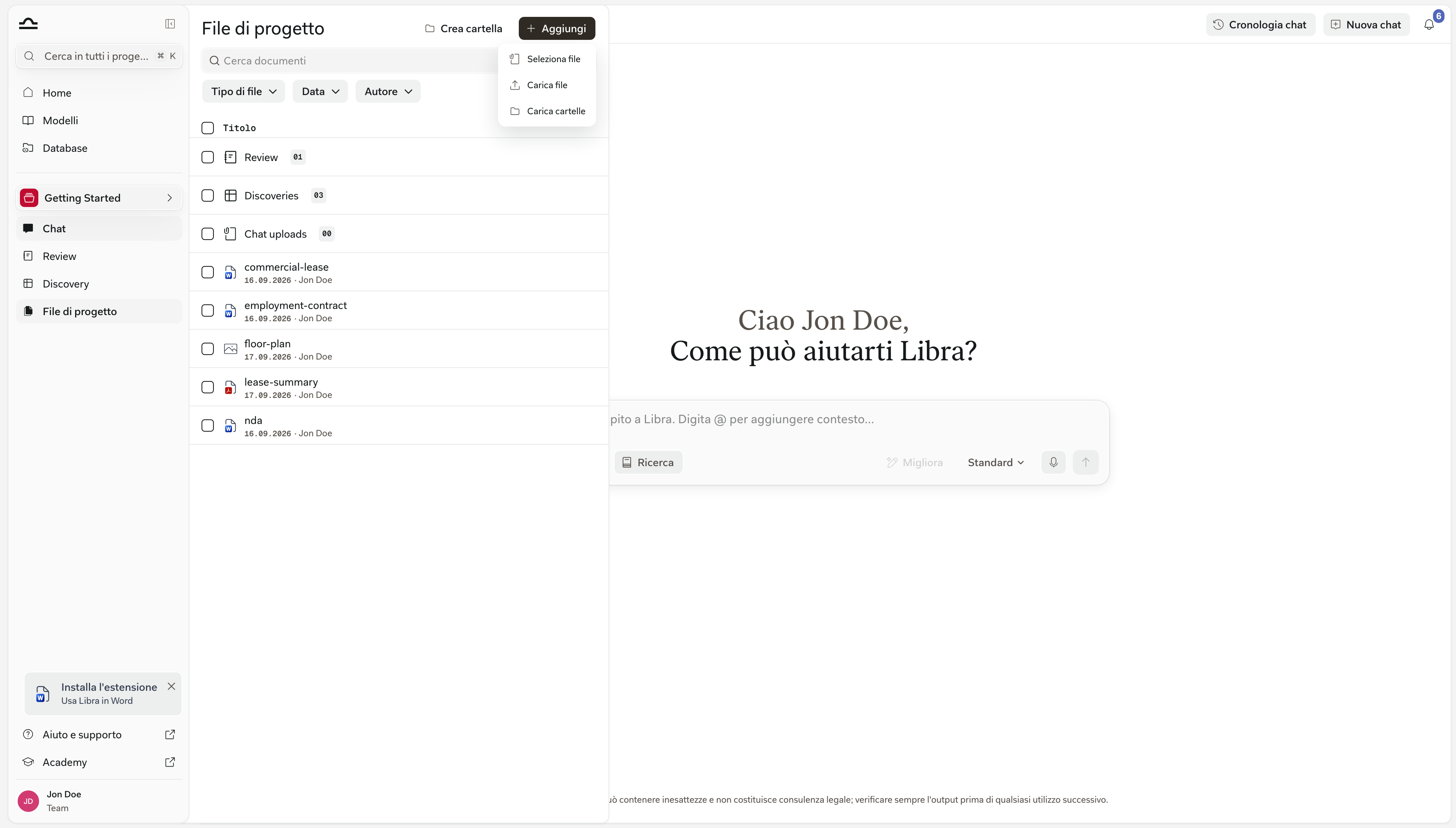 Il menu Aggiungi dei File progetto aperto, con Seleziona file, Carica file e Carica cartelle