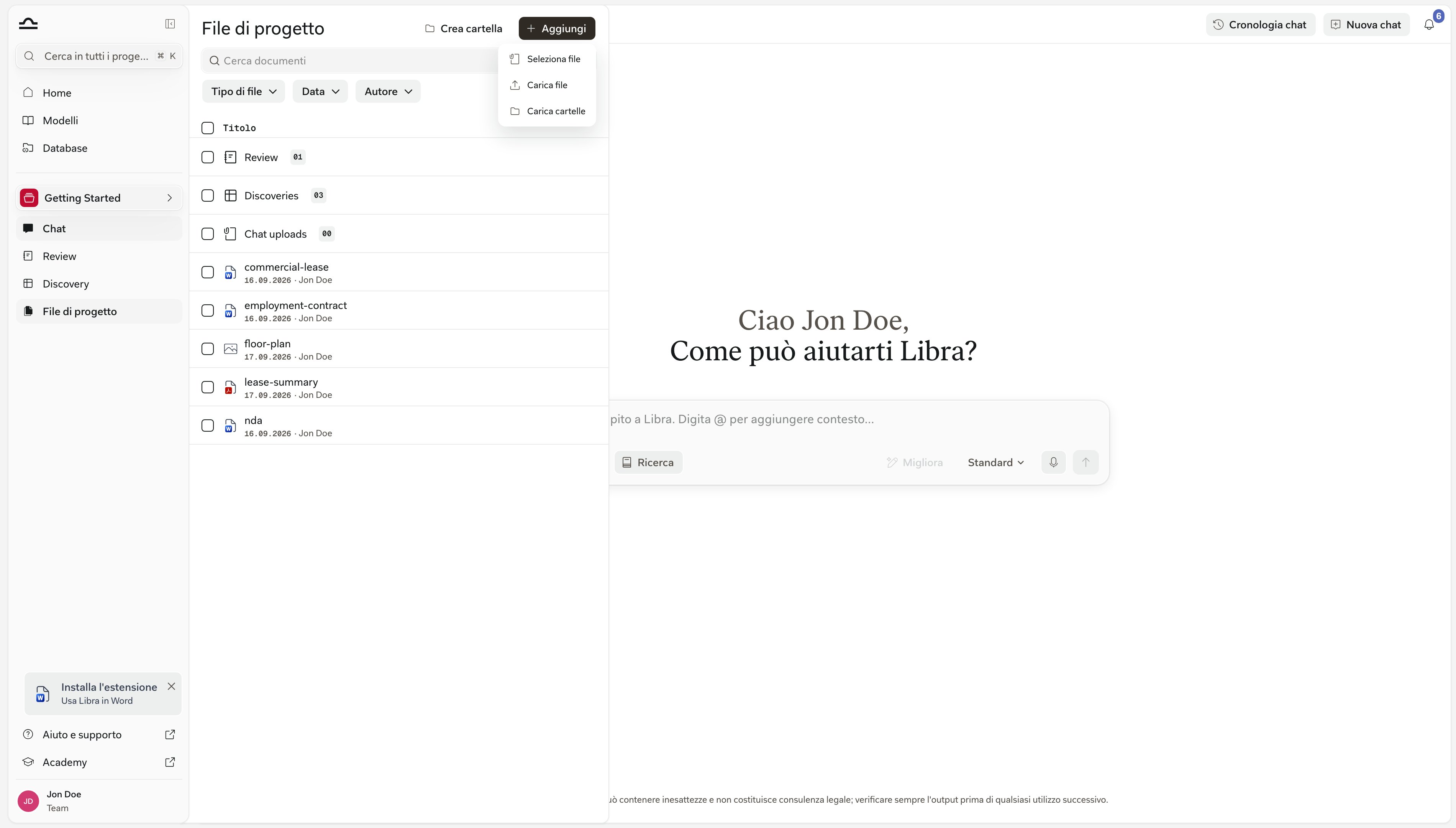 Il menu Aggiungi dei File progetto aperto, con Seleziona file, Carica file e Carica cartelle