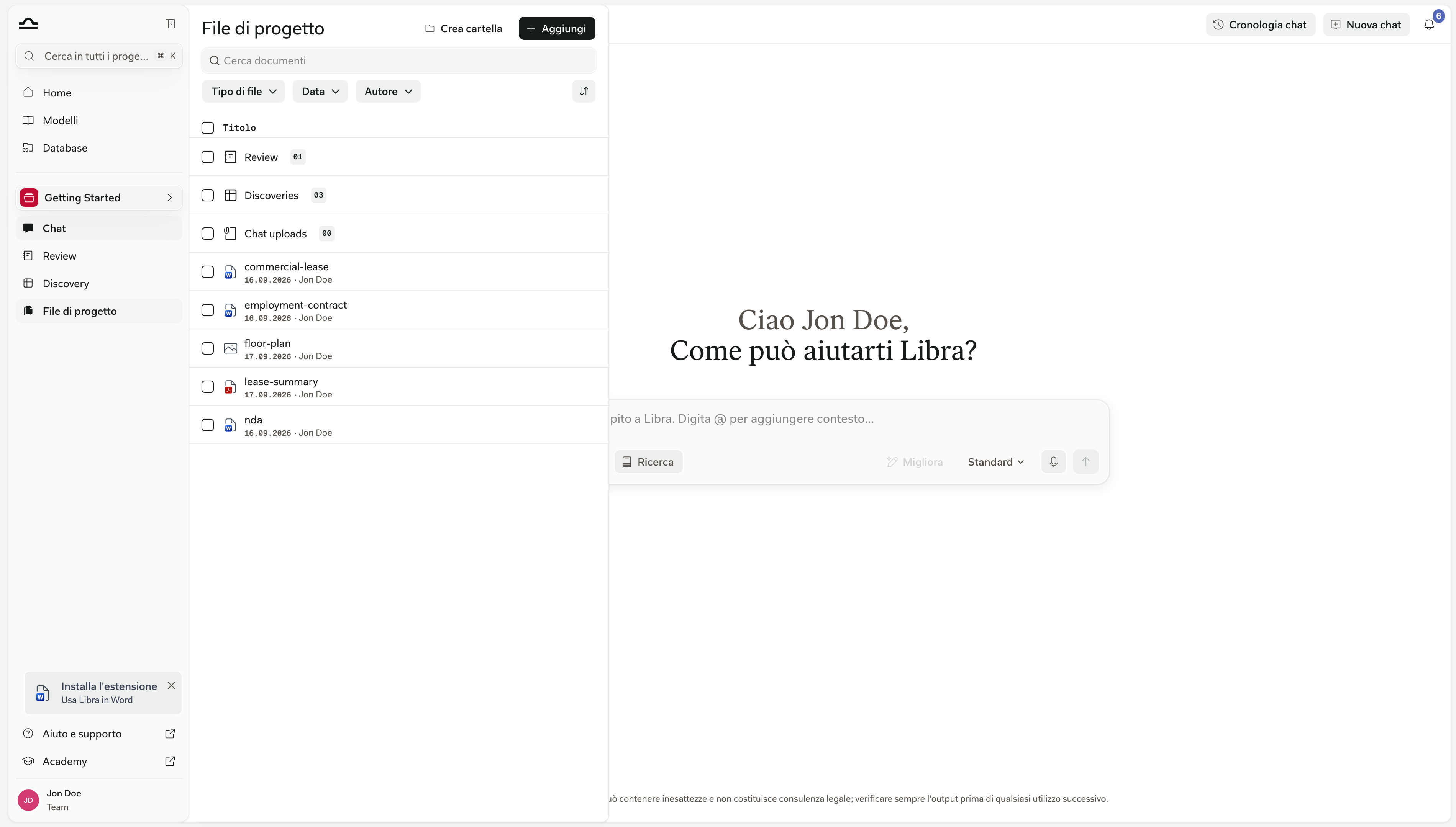 Il pannello File progetto nella radice di un progetto, con le cartelle fissate Reviews, Discoveries e Chat uploads sopra i documenti caricati del progetto