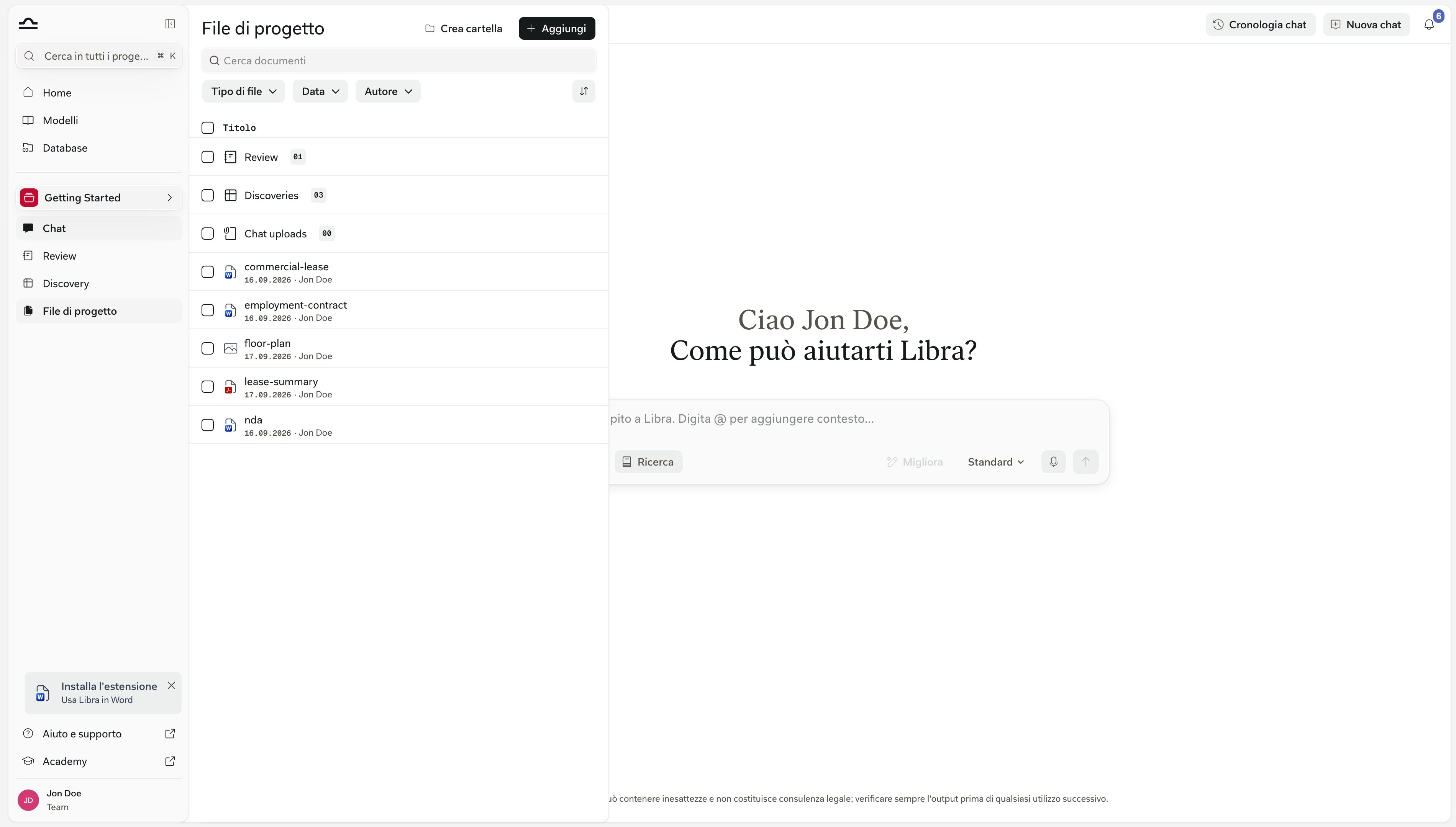 Il pannello File progetto nella radice di un progetto, con le cartelle fissate Reviews, Discoveries e Chat uploads sopra i documenti caricati del progetto