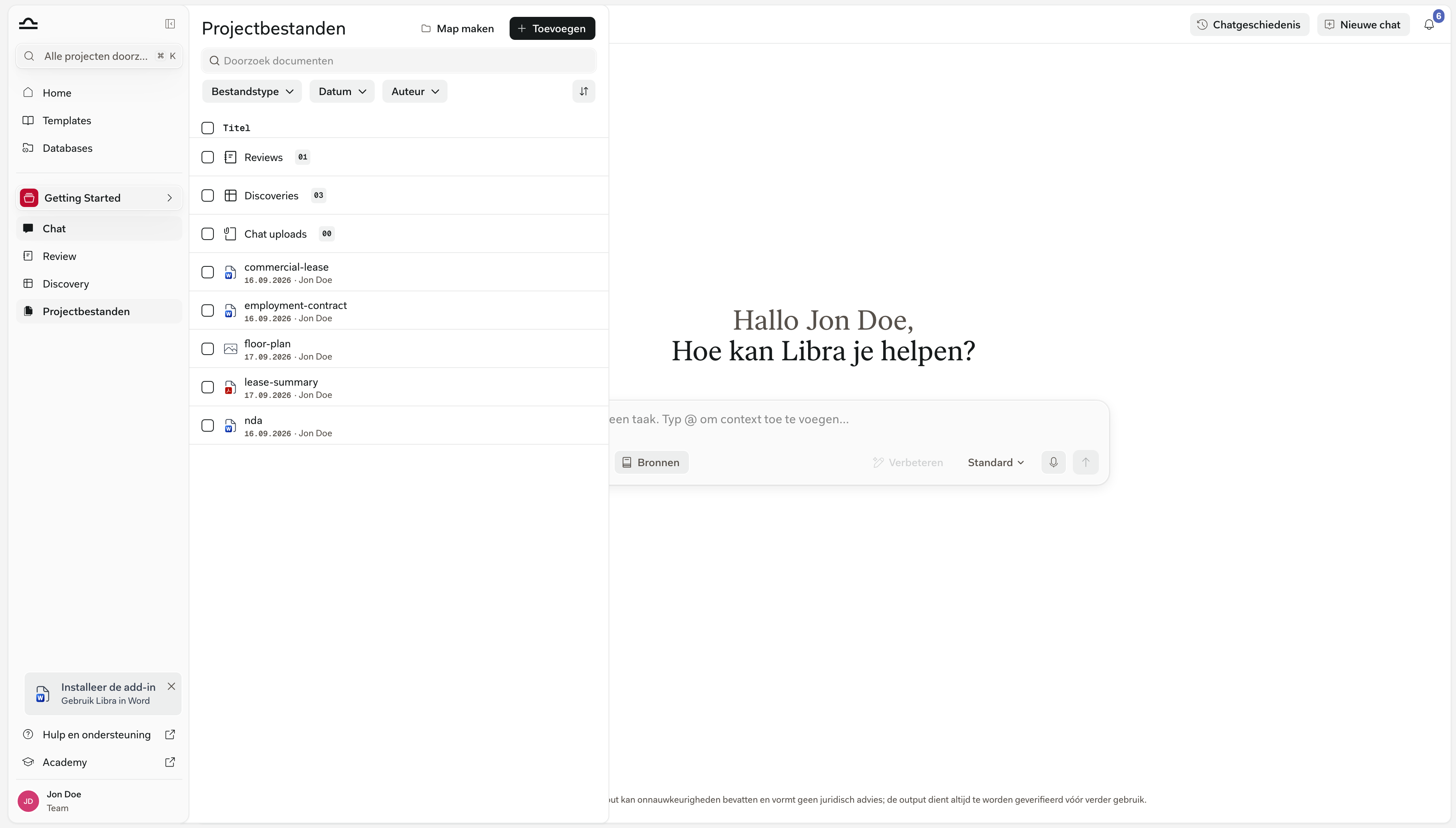 Het paneel Projectbestanden in de hoofdmap van een project, met de vastgezette mappen Reviews, Discoveries en Chat-uploads boven de eigen geüploade documenten van het project