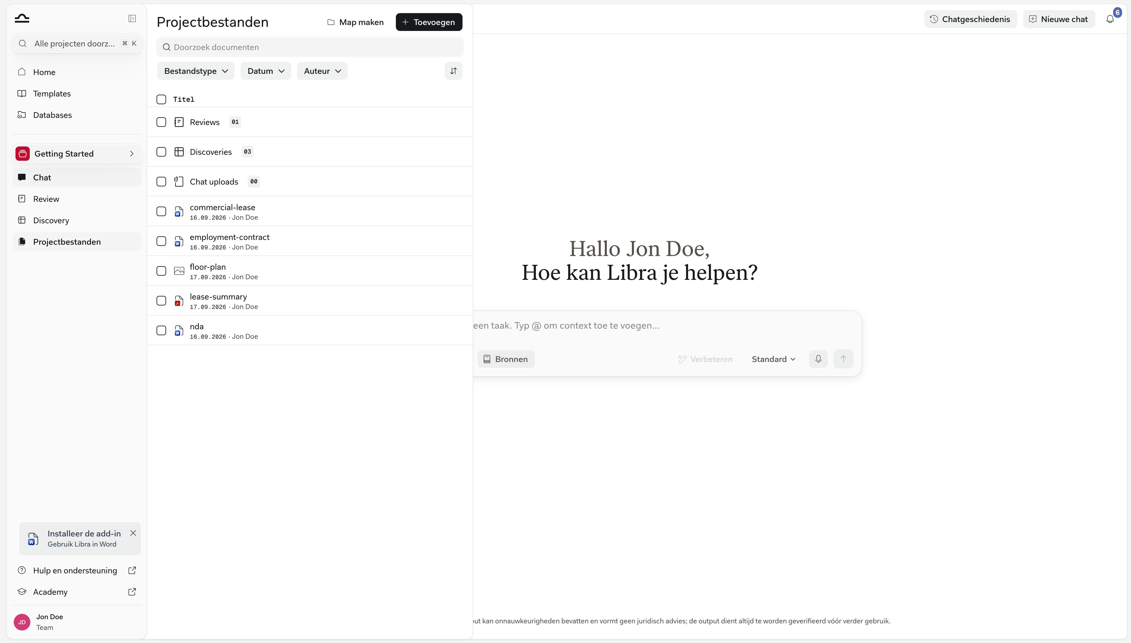 Het paneel Projectbestanden in de hoofdmap van een project, met de vastgezette mappen Reviews, Discoveries en Chat-uploads boven de eigen geüploade documenten van het project