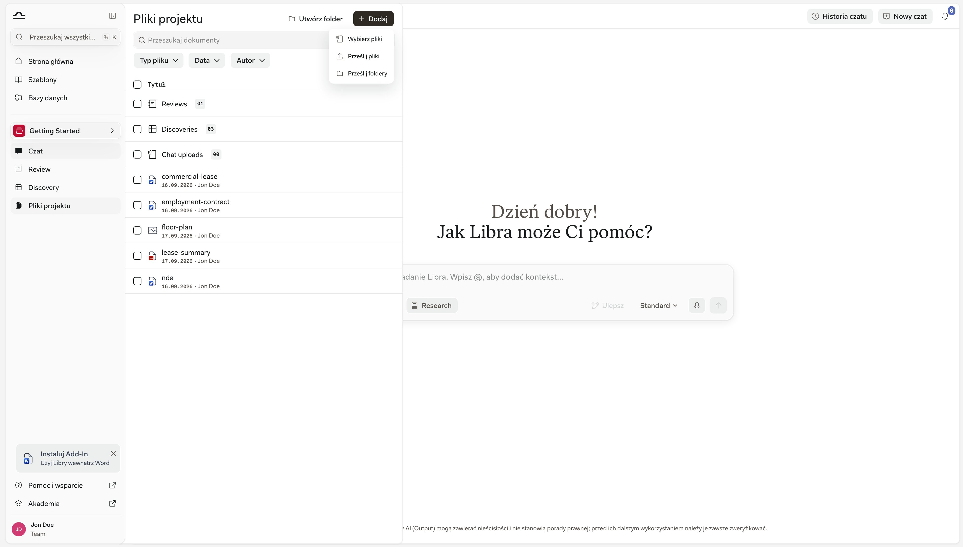 Otwarte menu Dodaj panelu Pliki projektu z opcjami Wybierz pliki, Prześlij pliki i Prześlij foldery