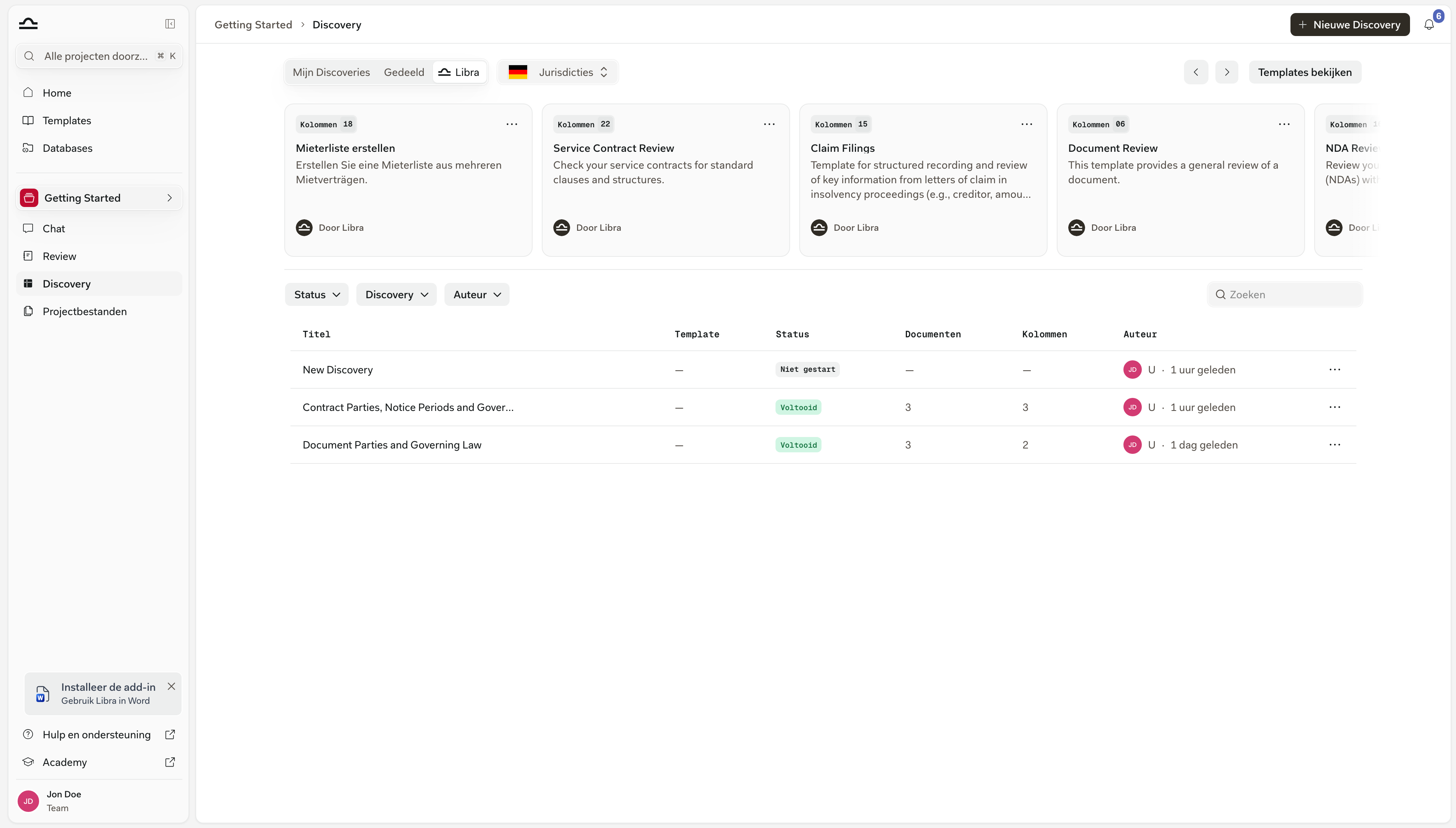 Discovery-sectie met de knop Nieuwe Discovery gemarkeerd