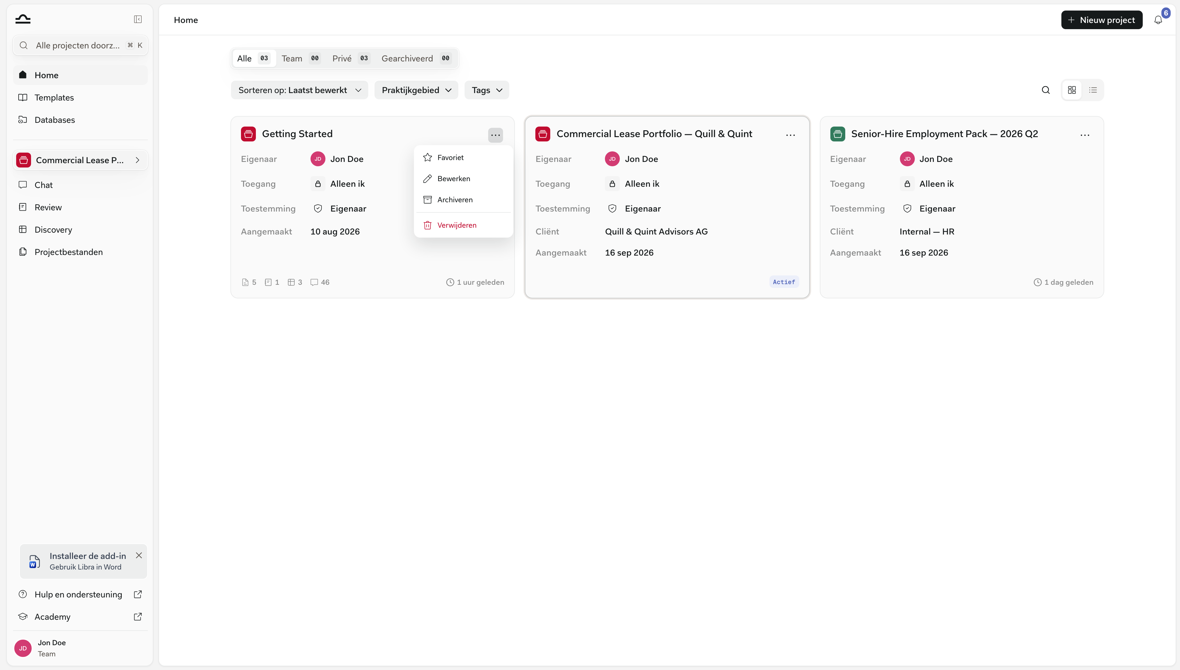⋯-menu van projectkaart met Favoriet, Bewerken, Archiveren en Verwijderen