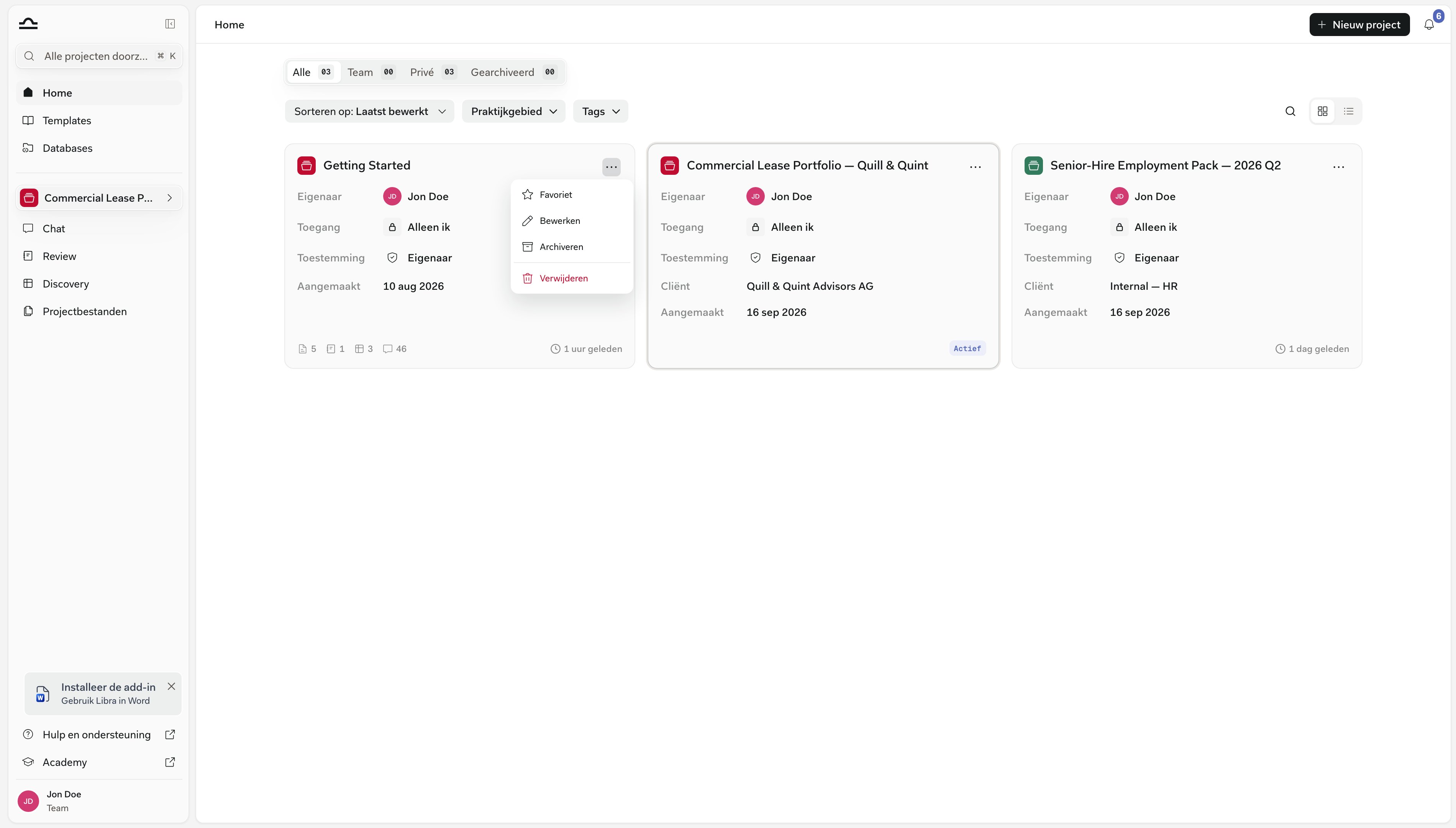 ⋯-menu van projectkaart met Favoriet, Bewerken, Archiveren en Verwijderen
